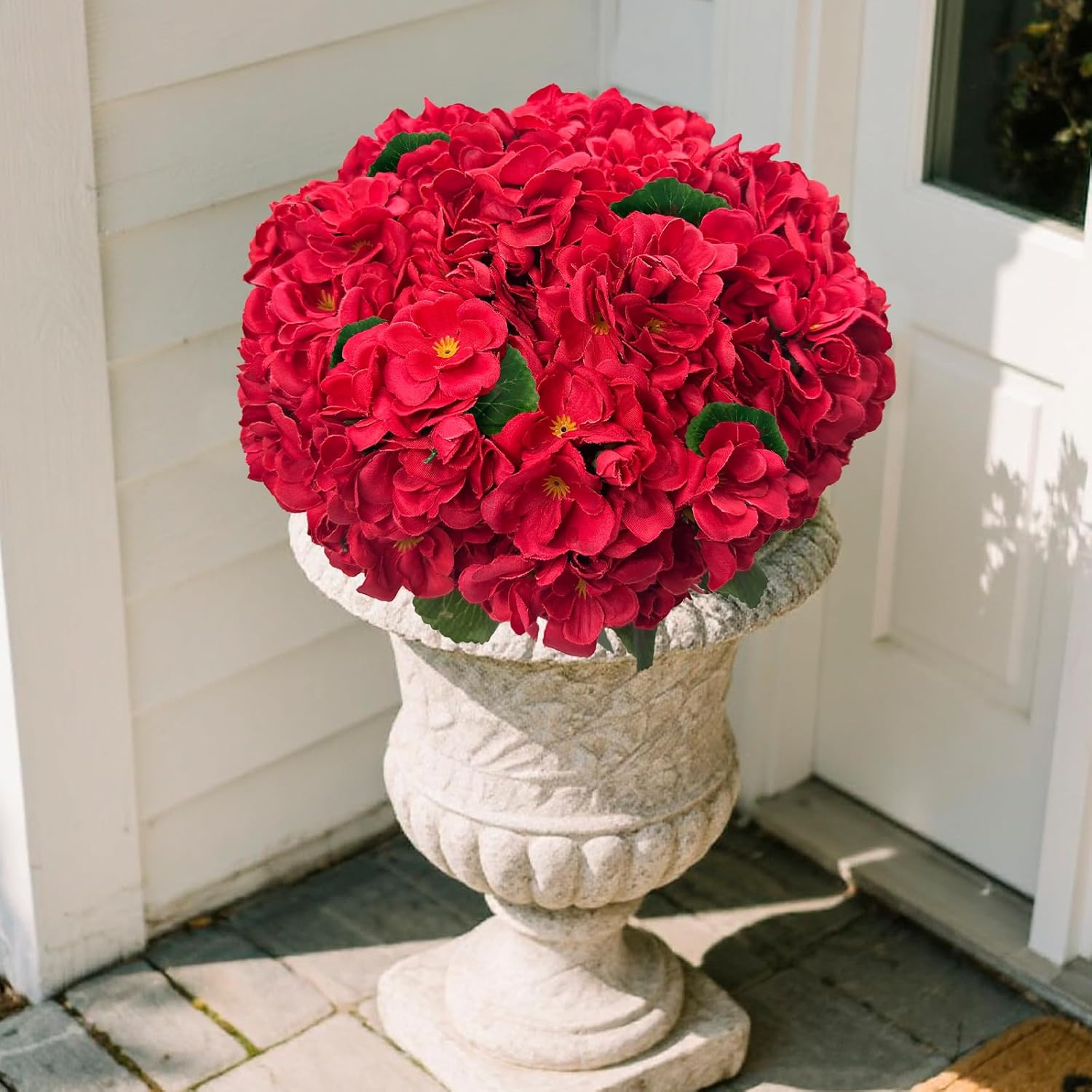 12 Bundles Geranium Artificial Flowers for Outdoors - UV Resistant Fake Flowers Outside for Planter Vase Hanging Basket, Realistic Silk Faux Plants for Home Porch Garden Patio Decorations,Red|Spring