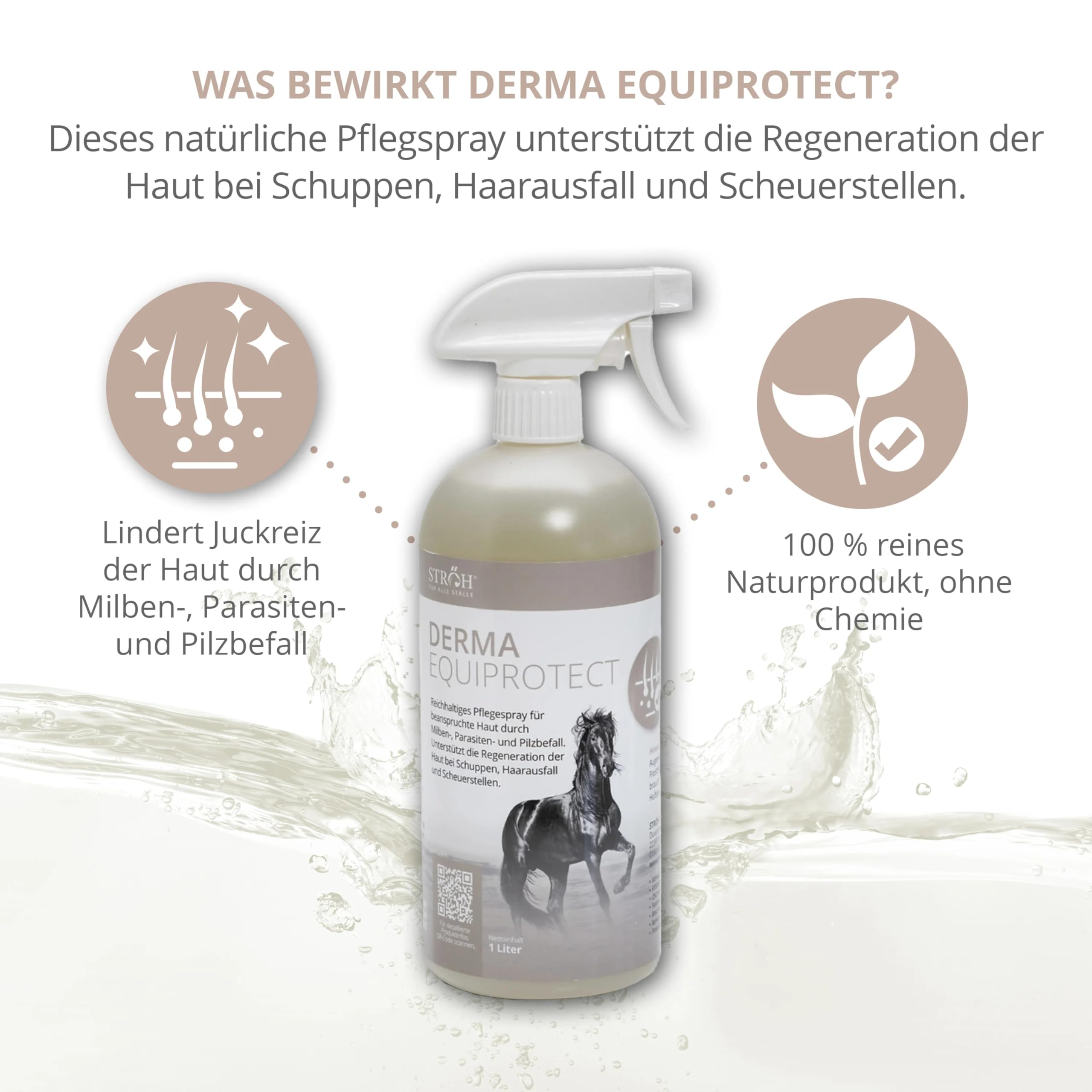 STRÖH Derma EquiProtect (1L) • Anti Juckreiz Spray für Pferde mit Lebermoosextrakt, Niemöl und Lavendelöl • Natürliche Hautpflege bei Ekzem, Mauke, Hautpilz- & Milbenbefall • Ohne Tierversuche