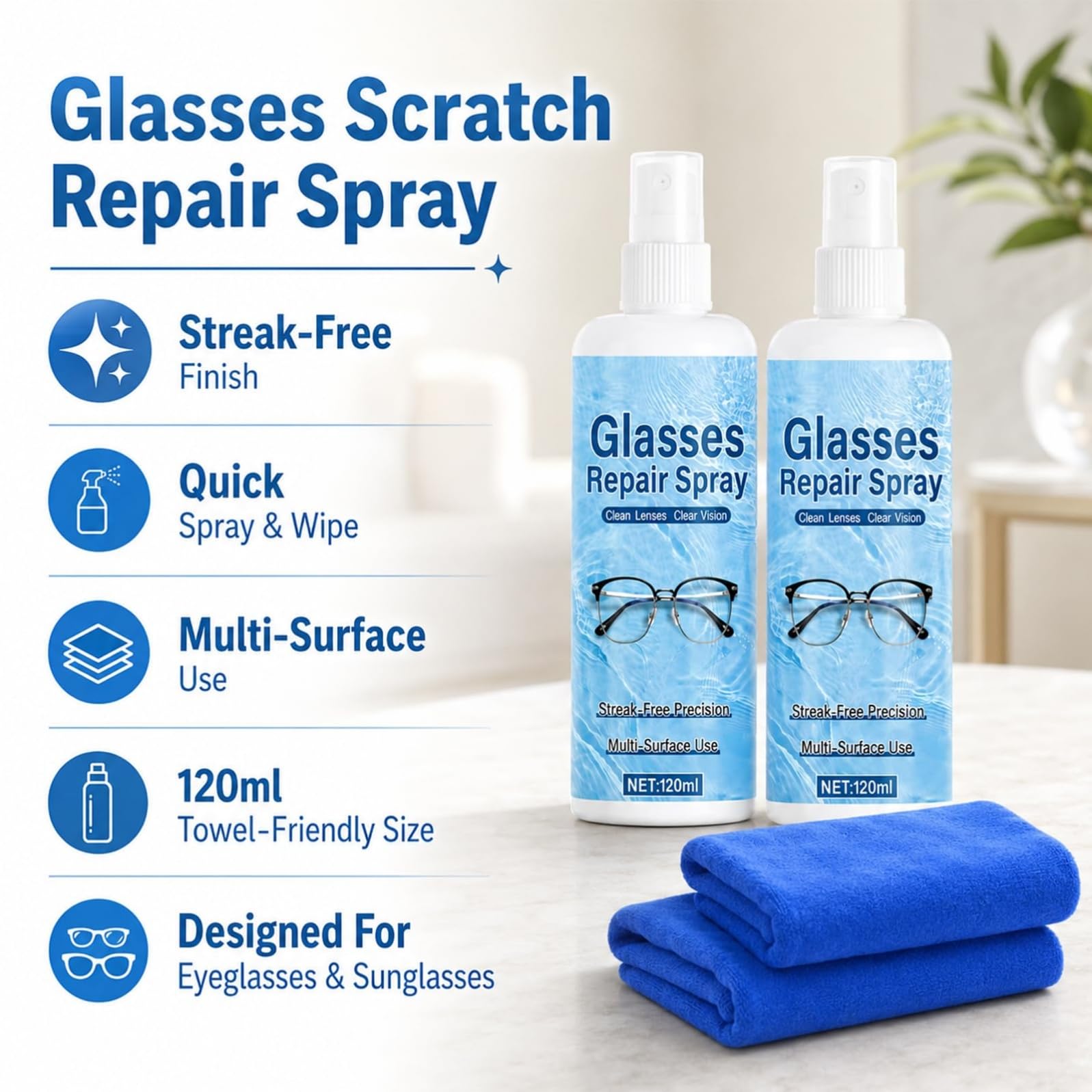 Spray réparateur de rayures pour verres de lunettes - Répare les rayures superficielles et les marques mineures - Réduit le flou et les rayures superficielles - Solution de nettoyage (6pcs)