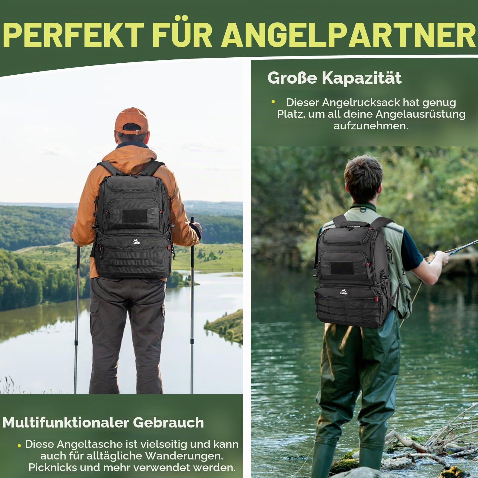 MATEIN Angelrucksack mit Kühler – wasserdichte Angeltasche mit Molle-Gurte, Große militär Rucksack für Angeln, Wandern & Camping, Rutenhalter, Anti-Diebstahl-Tasche & Rostfreiem Reißverschluss