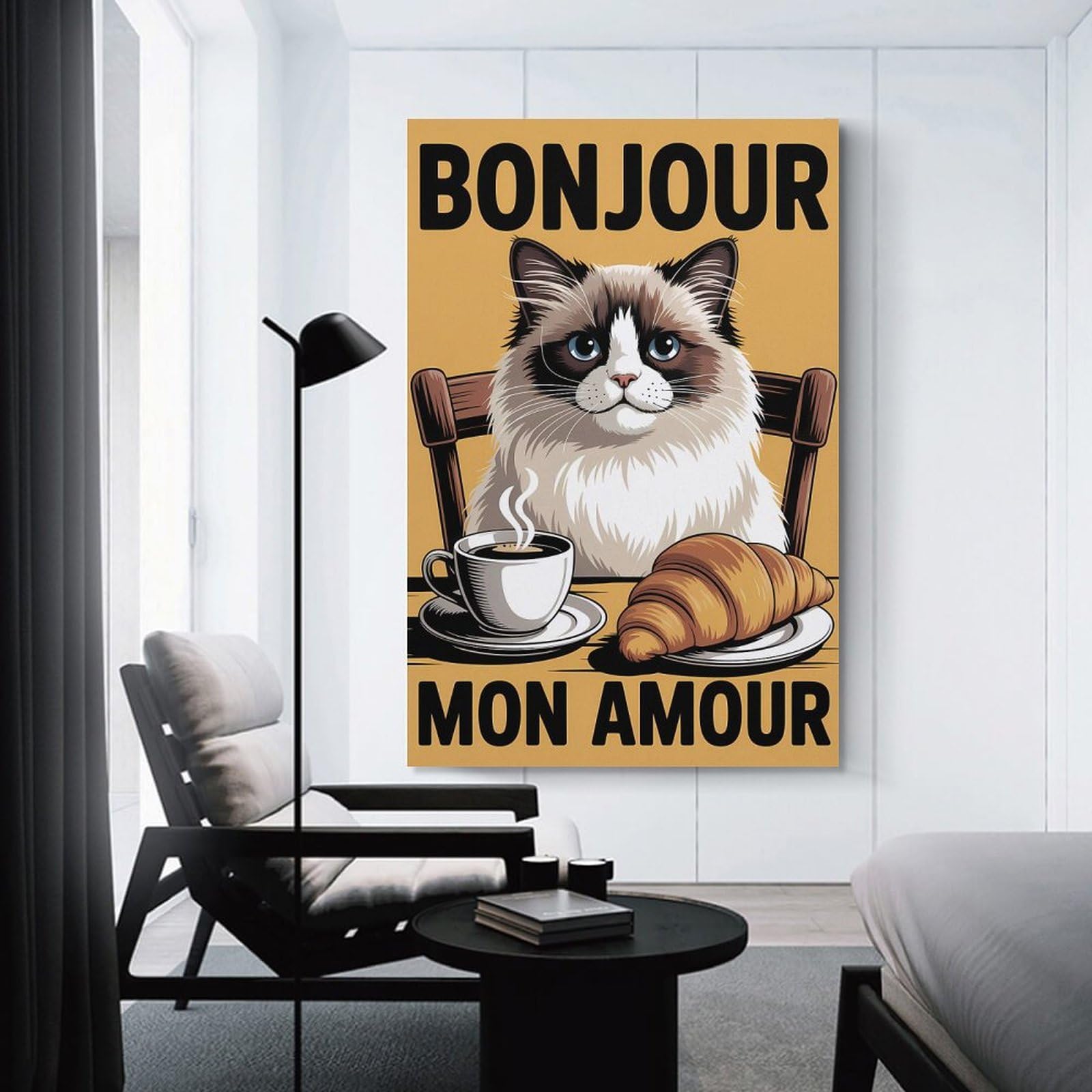 Junmoney Bonjour Mon Amour Cat with Coffee And Croissant Wall Picture Print 20x30inch(50x75cm), for Corridors, Hallways Or Apartment Entries, Wall Decor to Refresh Empty Corners