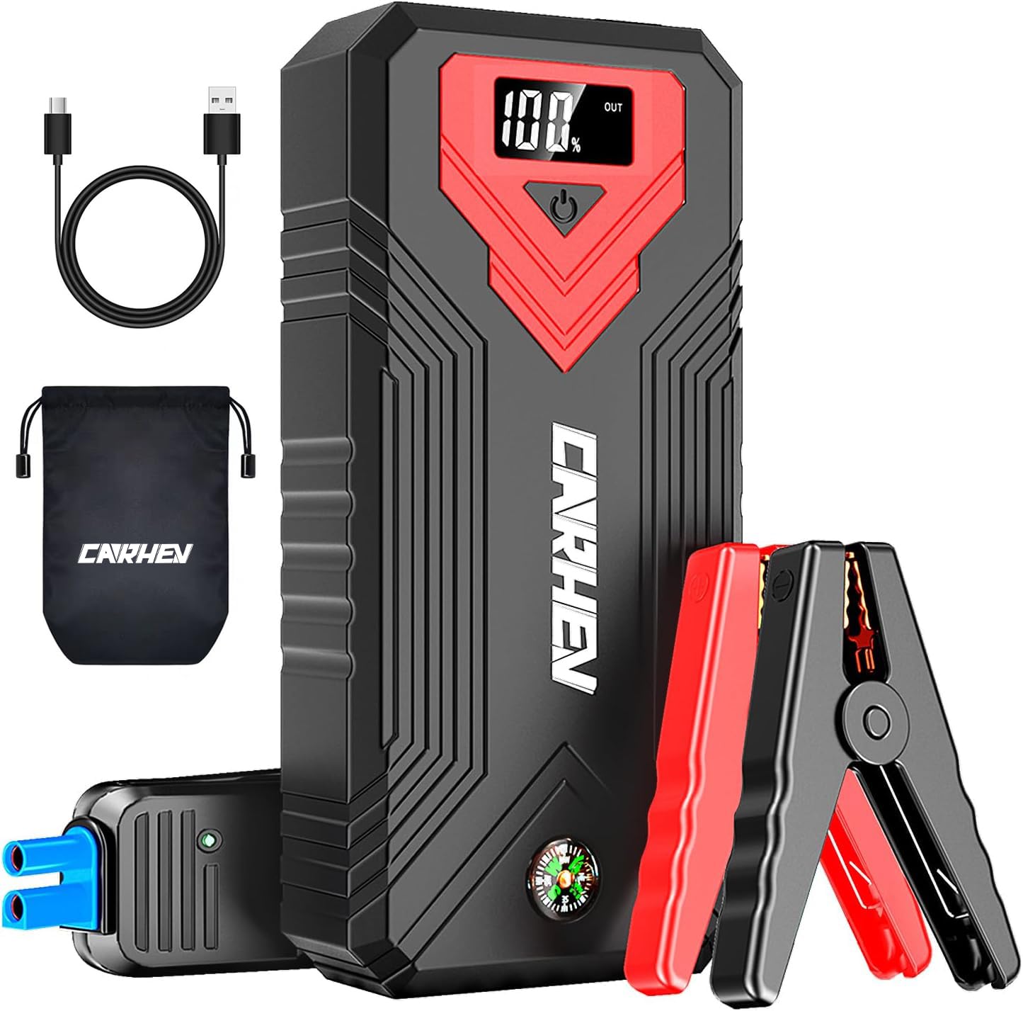 CARHEV Starthilfe Powerbank für pkw, 4000A Auto Starthilfe Powerbank (Bis Zu 8,0L Benzin Oder 8,0L Diesel), 12V Jump Starter Powerbank mit USB Schnellladung und LED Taschenlampe