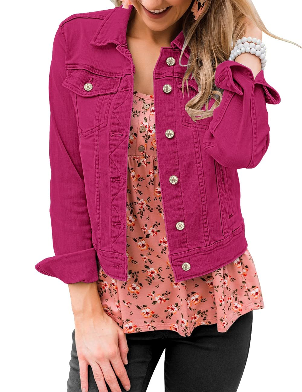 Vetinee Womens Stretch Button Down Long Sleeve Pockets Denim Jean Trucker Jacket