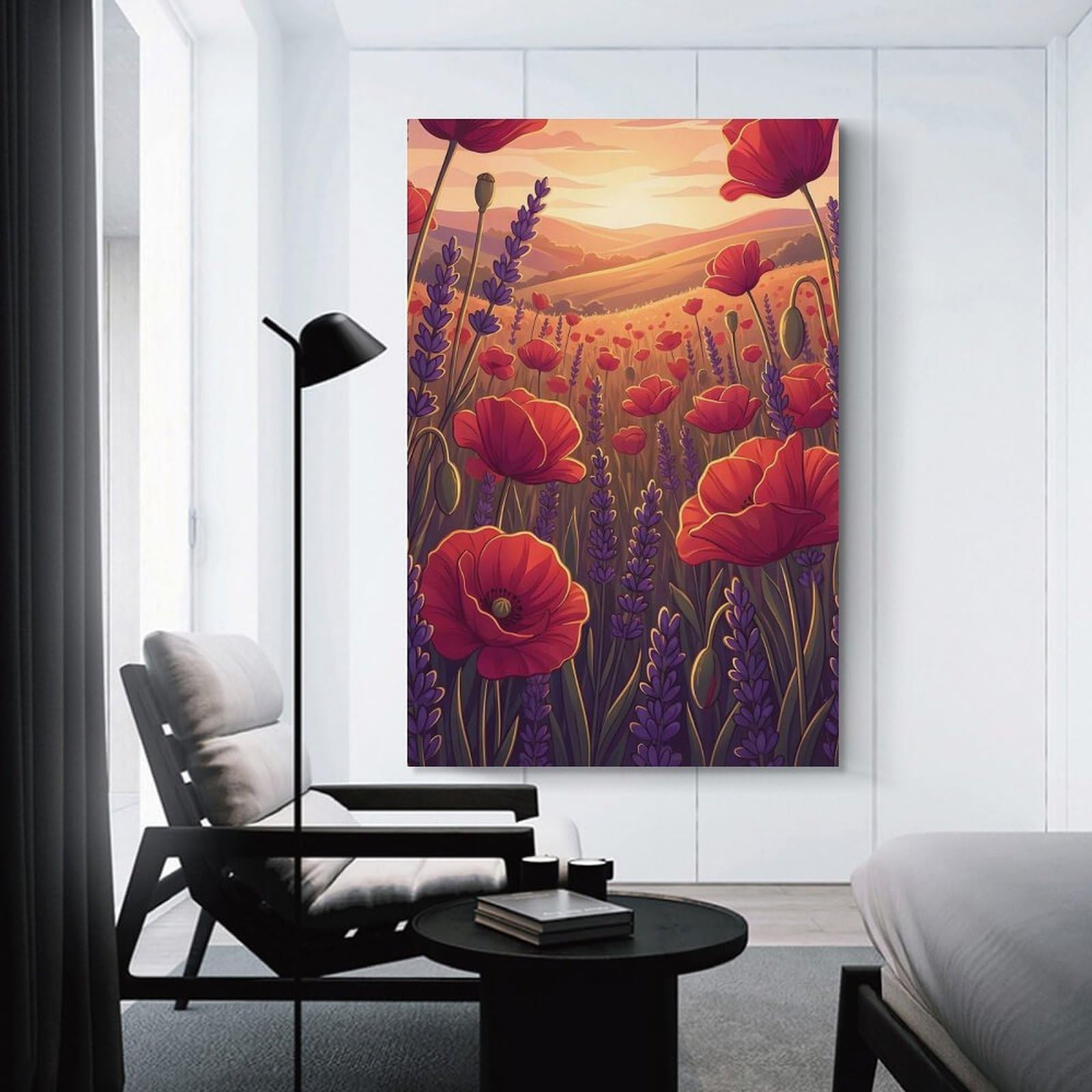 Junmoney Poppy And Lavender Field at Sunset Canvas Art Print, 20x30inch(50x75cm), for Bedrooms, Workspaces And Everyday Interiors, A Flexible Wall Accent for Shared Spaces