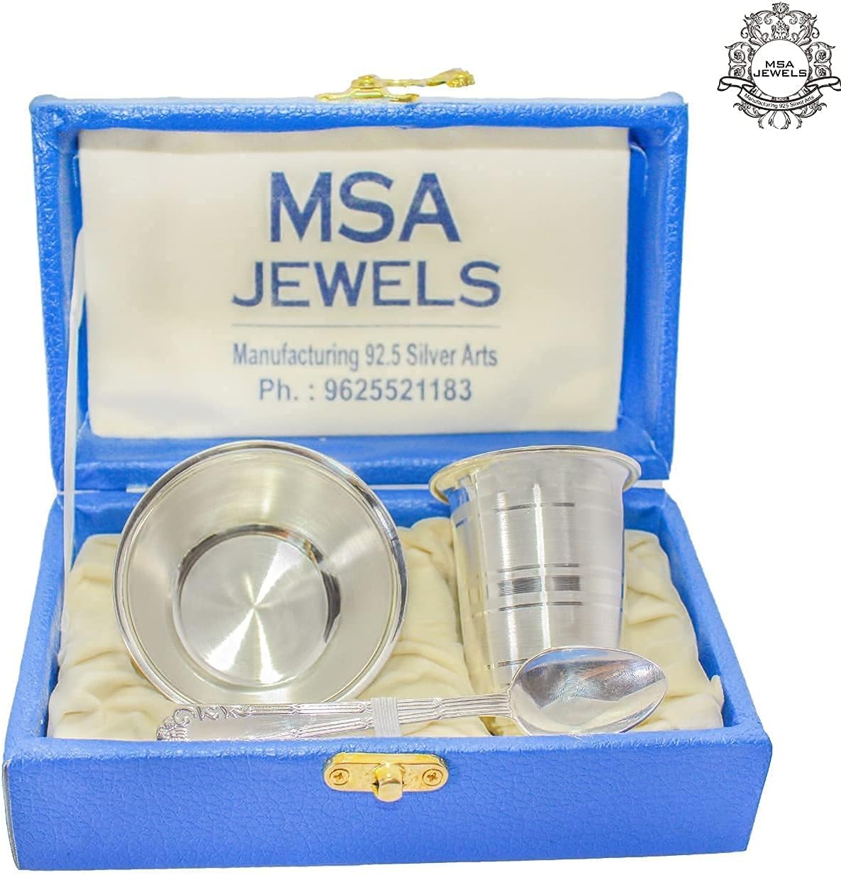 Pure Silver Solid Bowl With Glass And Spoon Set ( Silver ), 180 ML