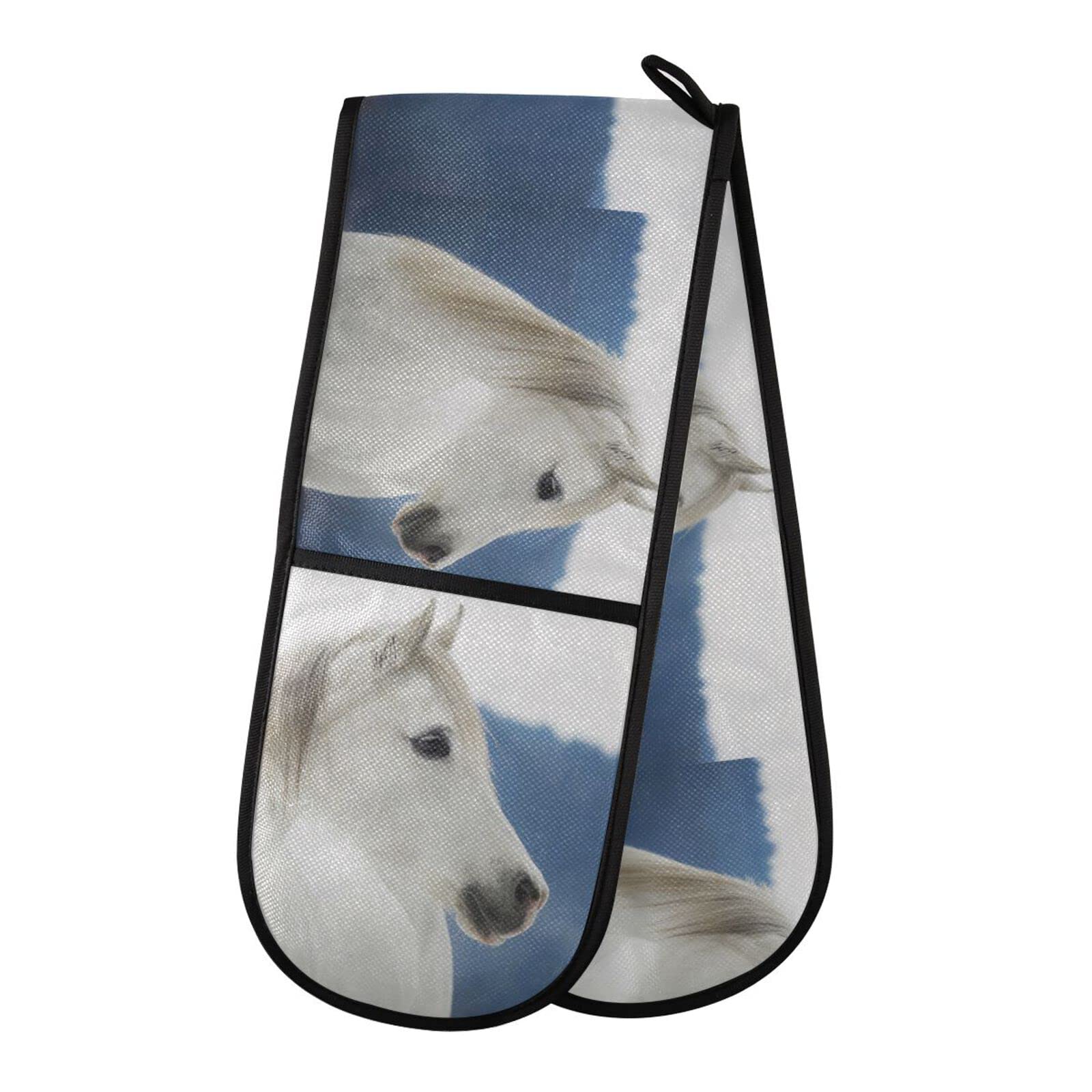 Double Oven Glove White Horse Heat Resistant Double Ovens Mitt Modern Cooking Gloves Potholders
