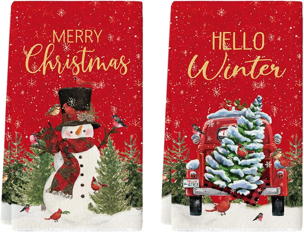 Artoid Mode Xmas Tree Truck Snowman Christmas Kitchen Towels Dish Towels, 18×26 Inch Holiday Bird Hello Winter Decoration Hand Towels Set of 2 Artoid Mode Xmas Tree Truck Snowman Christmas Kitchen Towels Dish Towels, 18×26 Inch Holiday Bird Hello Winter Decoration Hand Towels Set of 2