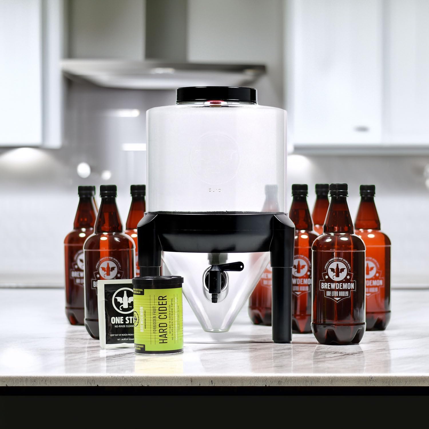 BrewDemon Hard Cider Kit w/Bottles – NO AIRLOCK OR SIPHON REQUIRED – Conical Fermenter Eliminates Sediment and Makes Wicked-Good Home Made Hard Cider - 2 Gal. Hard Cider Recipe included