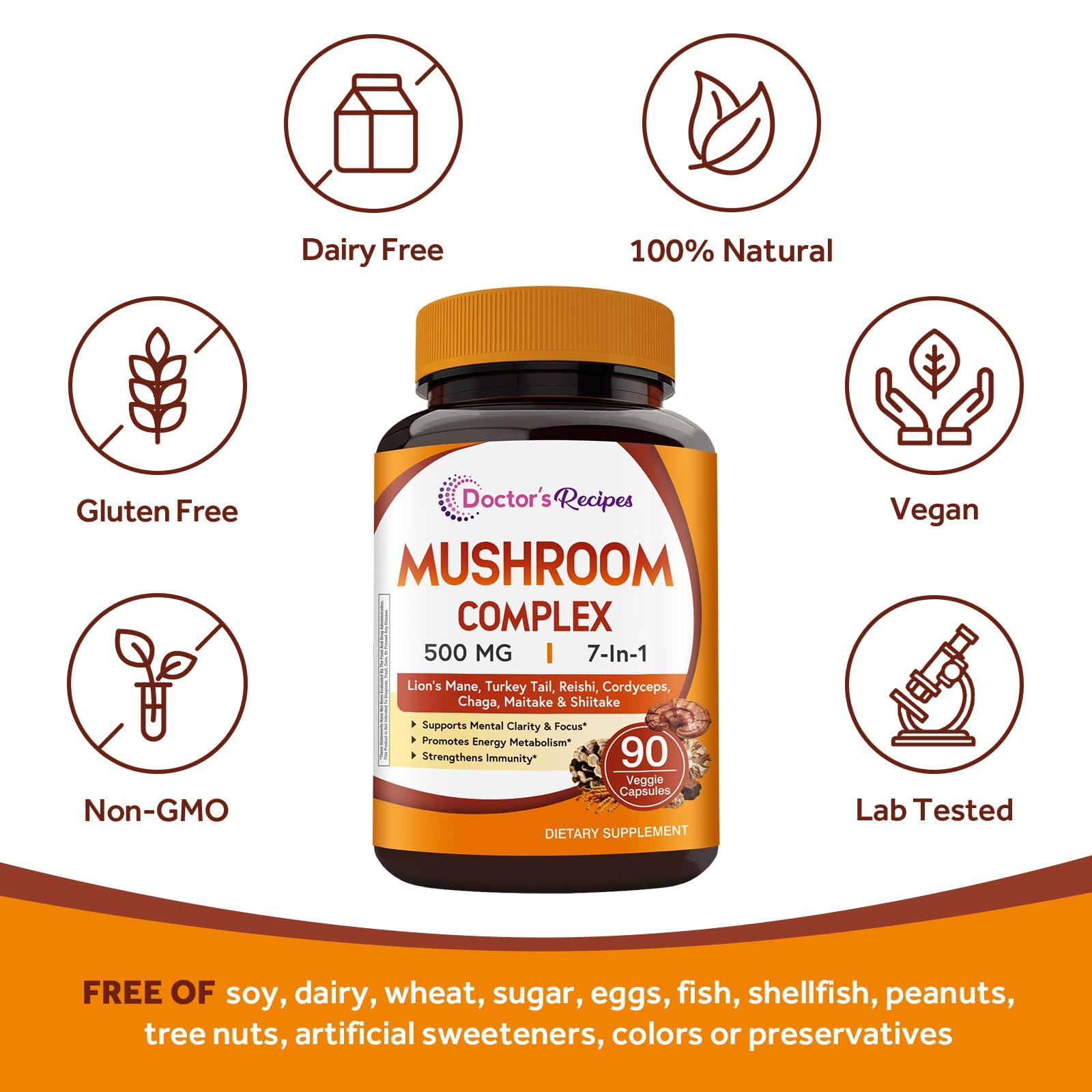 Doctor's Recipes Mushroom Supplement, 500mg, 7 Functional Mushrooms, Lion's Mane, Cordyceps, Reishi, for Immune, Focus & Energy, Non-GMO, 90 Vegan Capsules — Amazon image 5