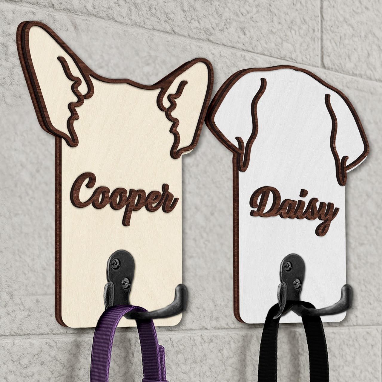 Personalized Dog Leash Holder, Custom Dog Ear Harness Wall Hanger Organizer with Name, Decorative Hooks for Leashes, Keys, Collars, Leash Rack Wall Mount for Entryway, Hallway, Gift for Pet Lovers