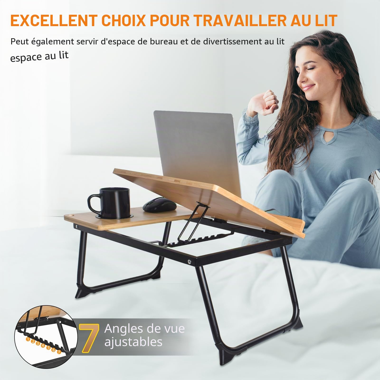 Wishacc Support réglable en bambou pour ordinateur portable et livre de cuisine pour lecture au lit, trombones, plusieurs angles