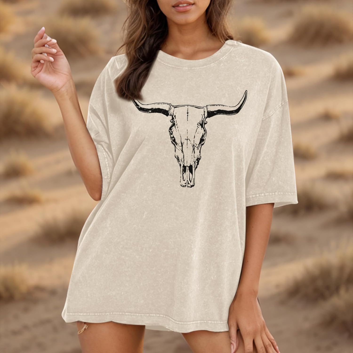 Western Cow Skull Shirts for Women Oversized Cowgirl Country Concert Vintage Graphic Tees Cowboy Rodeo T Shirt Tops - Image 3