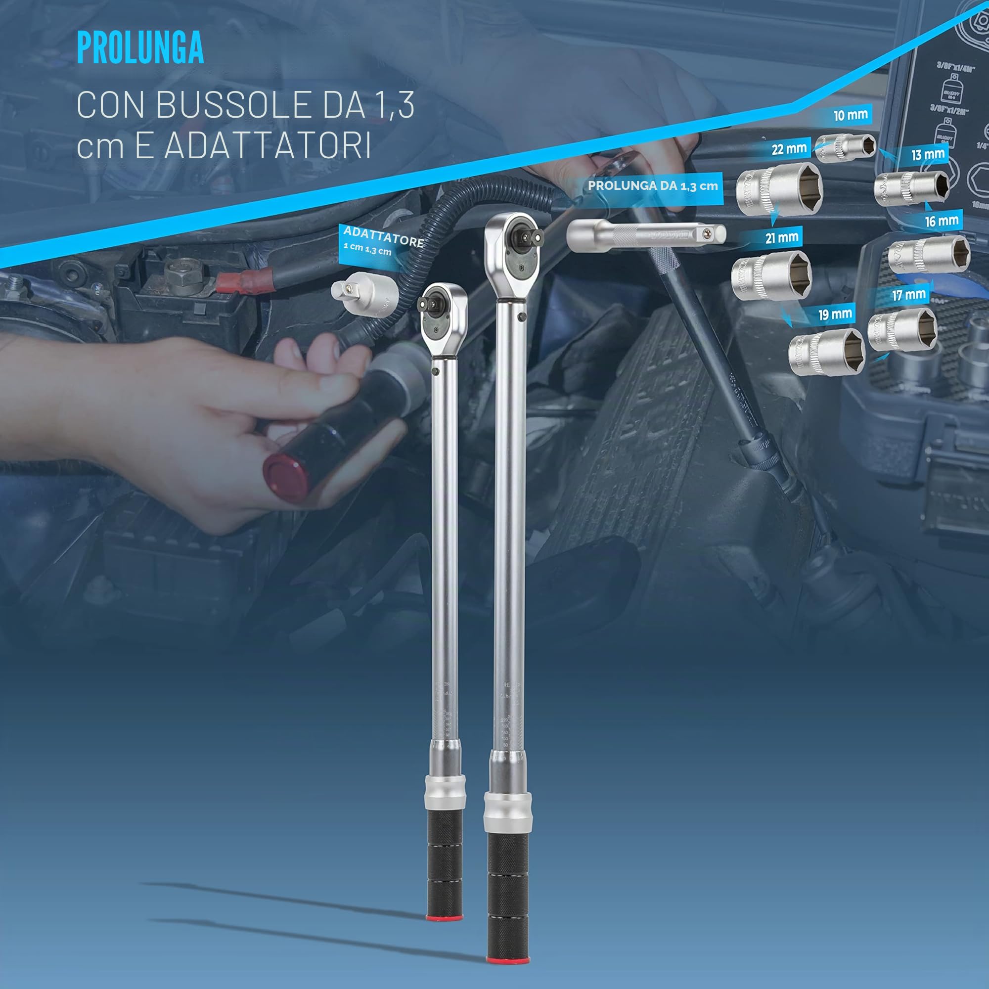 HASKYY Set di chiavi dinamometriche 1/2" 50-350 Nm per auto con molto accessori come prolunga, punte, inserti per dadi, adattatori