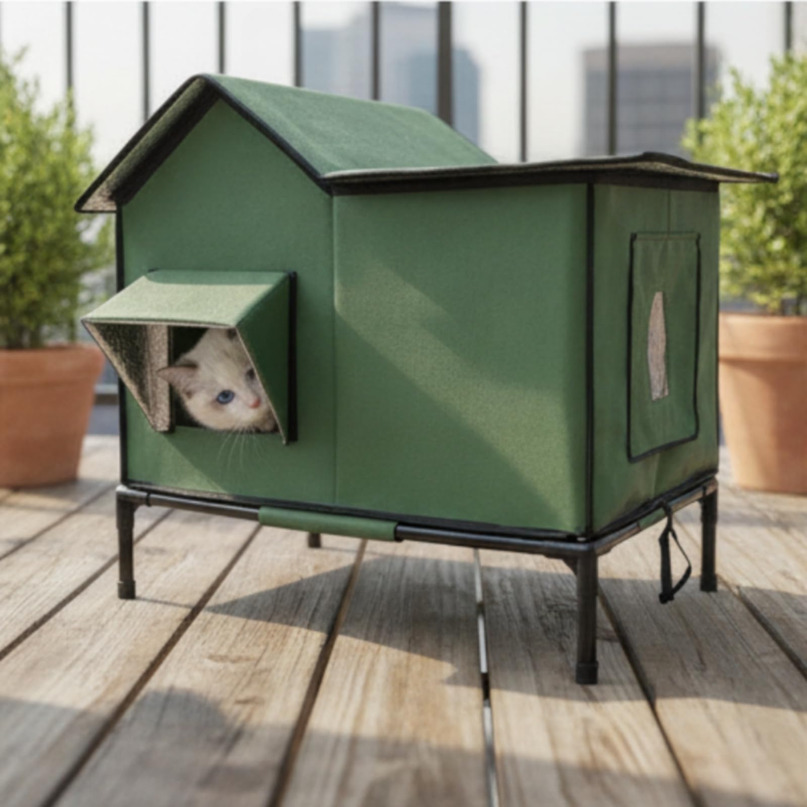 Casetta per Gatti da Esterno Rifugio Cuccia Capanno Sicuro con Esterno 600d Impermeabile Interno Coibentato Struttura Sollevata 12 Cm Ingresso