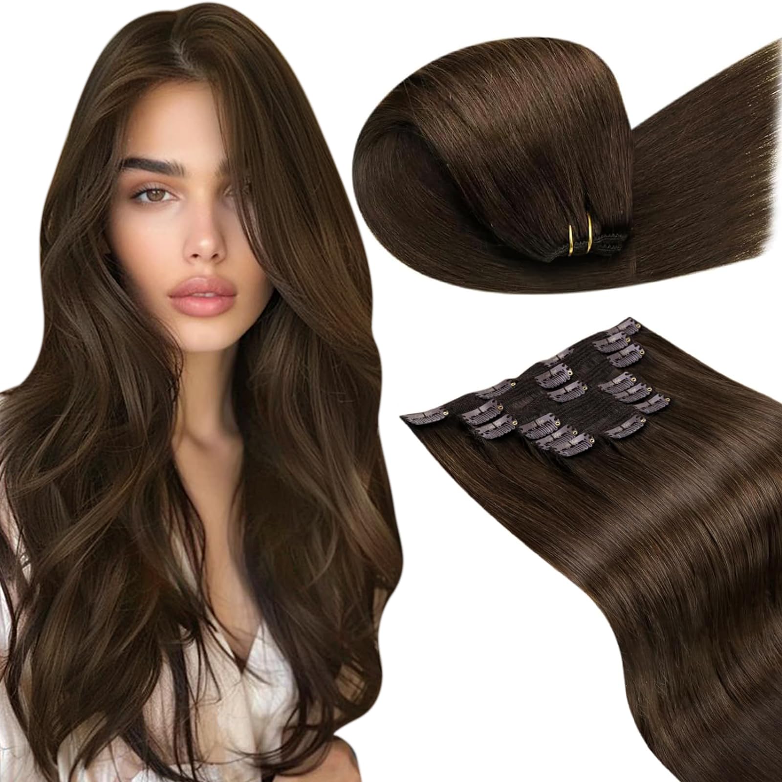 LaaVoo Human Hair Extensions Clip Ins 150g Brown Hair Extensions Real Human Hair Clip Ins Darkest Brown Human Hair Clip in Extensions Brown Full Head