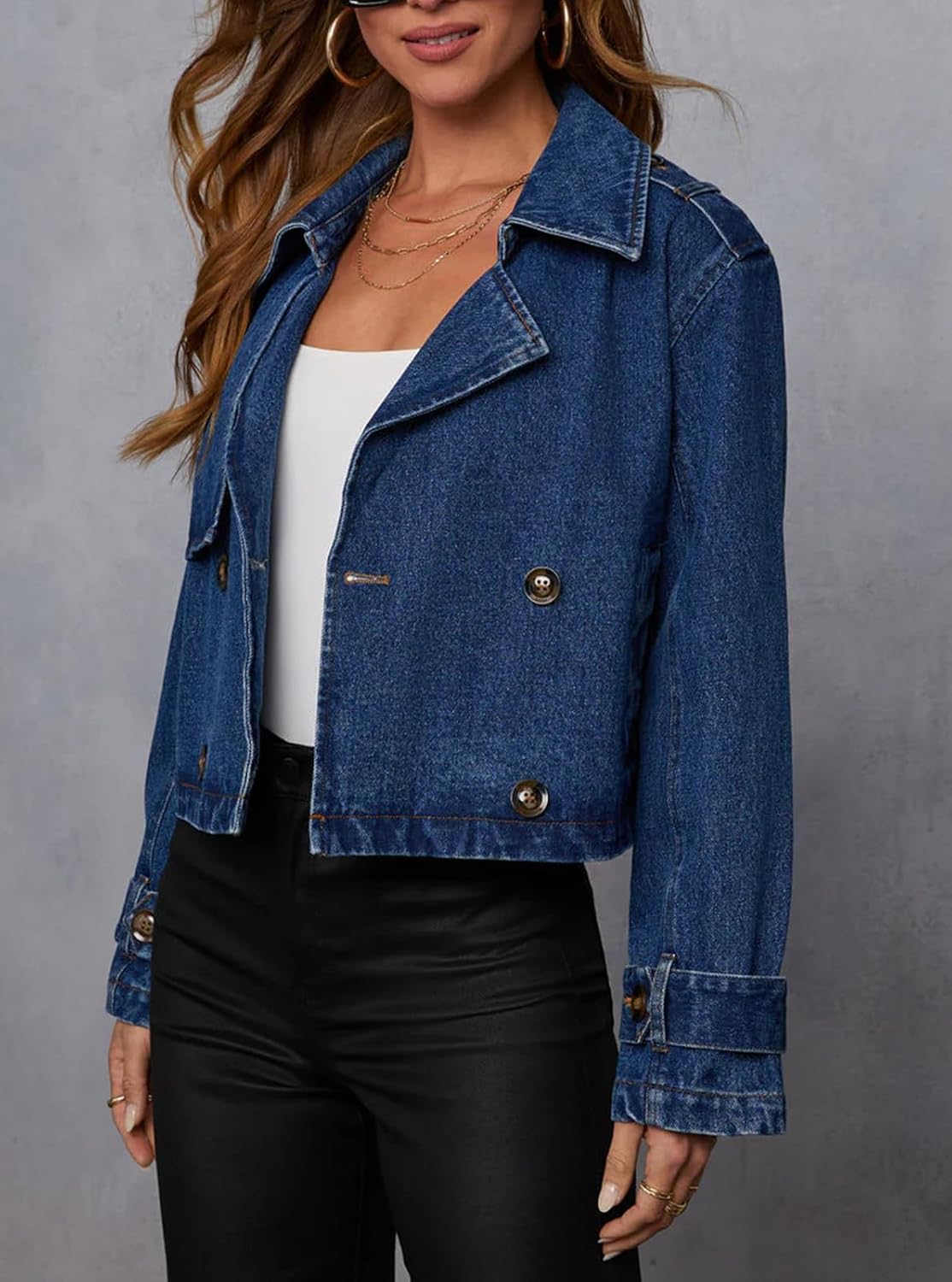 Womens Cropped Double Breasted Denim Trench Coat Vintage Notched Collar Work Office Crop Jean Jacket Belted Cuffs - Image 5