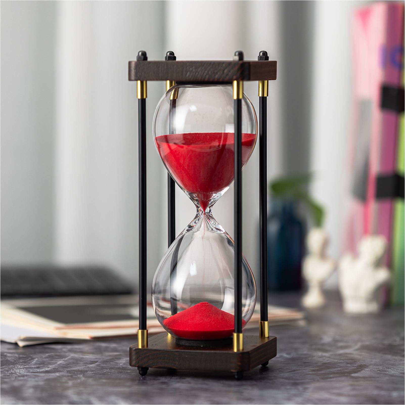 ELAINESTORE Hourglass Timer 60 Minute, Metal Wooden Sand Timer, Red