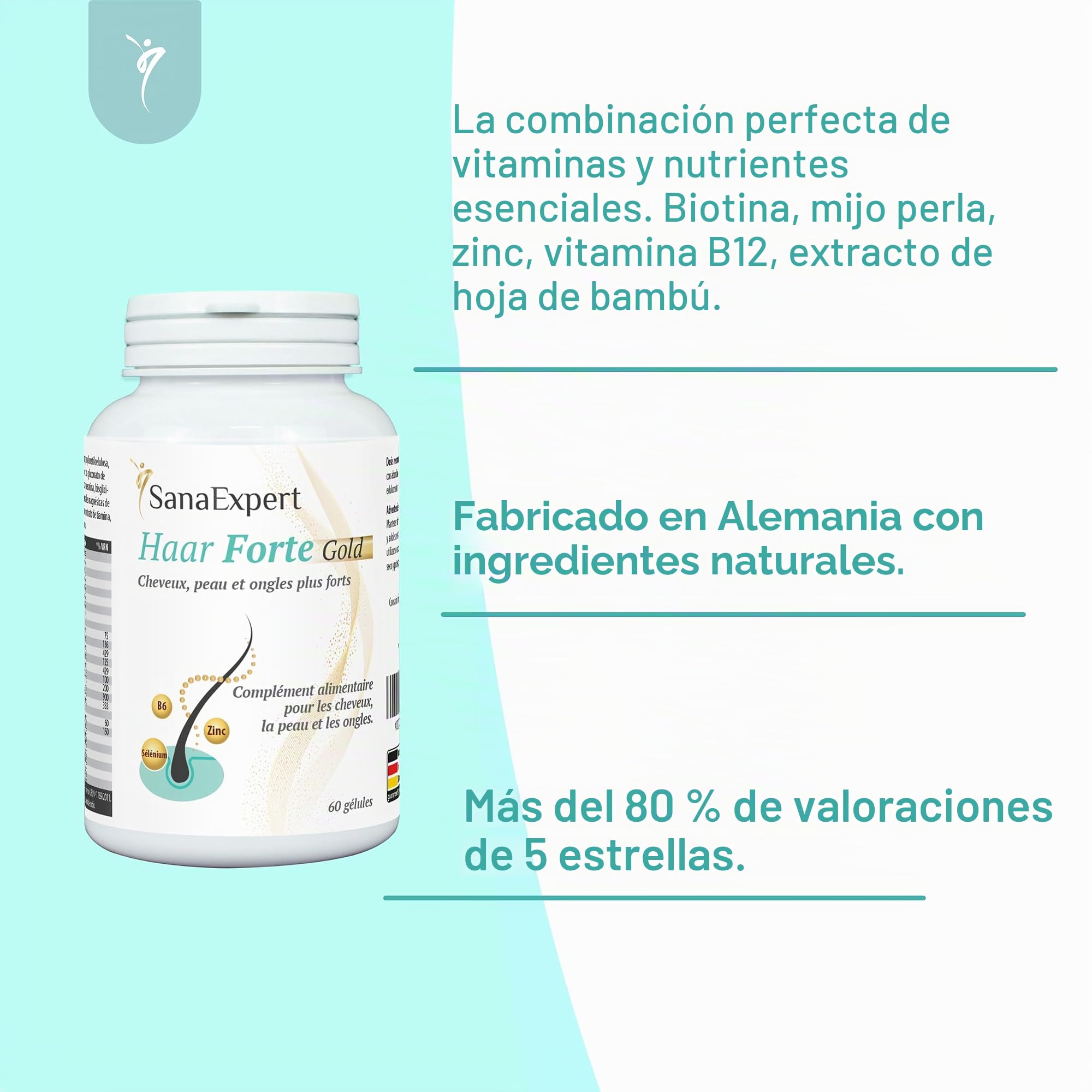 SanaExpert® Haar Forte Gold | Suplemento Capilar Vegano para Fortalecer el Cabello | Pastillas con Vitaminas, Bambú, Melanina, Biotina y Zinc | 60 Cápsulas | Fabricado en Alemania (Paquete de 2)
