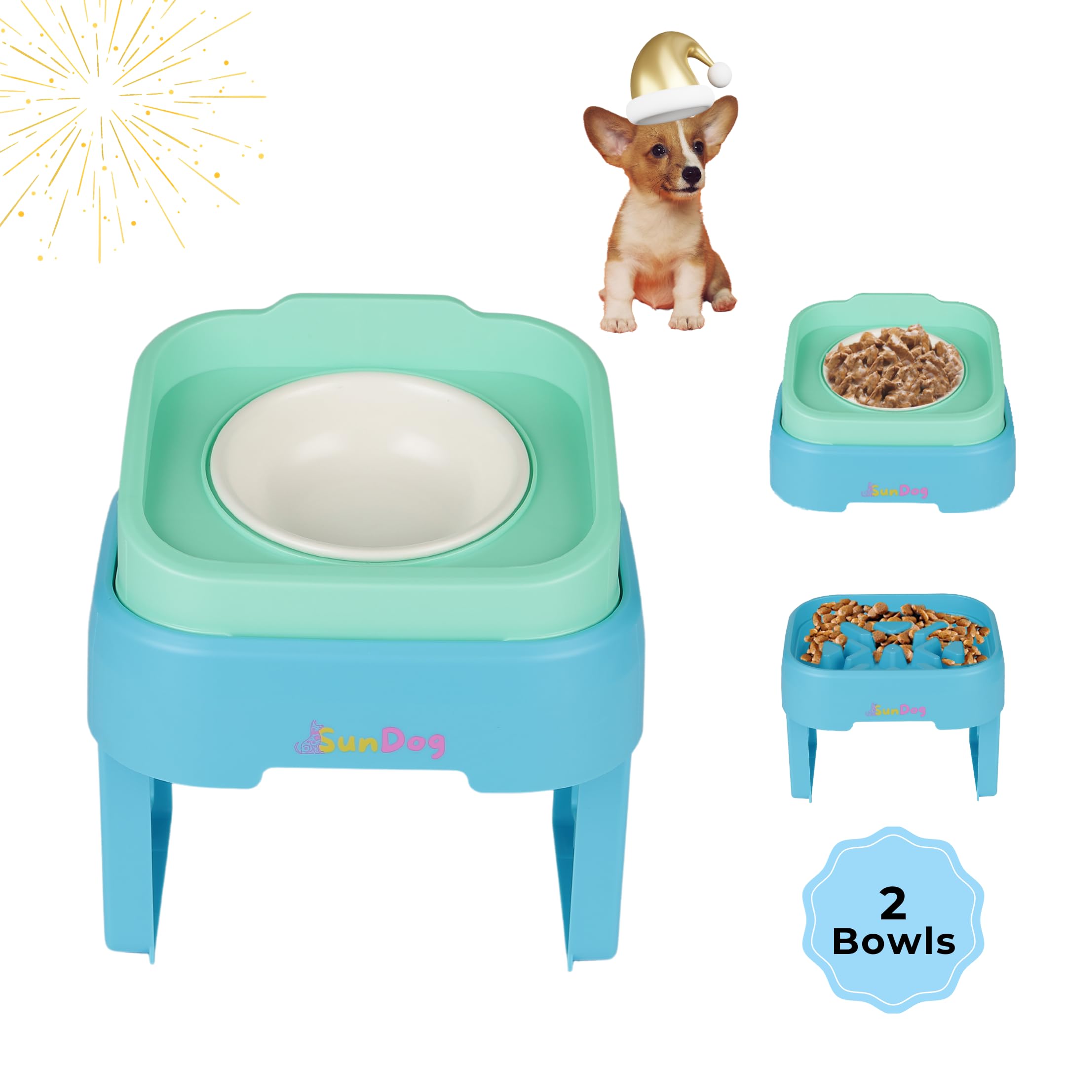 SunDog 2-in-1 Elevated Slow Feeder Dog Bowls – Space Saving, Stacked, Adjustable with Stand - Ceramic Raised Bowls Easy Cleaning – for Small Dogs and Cats