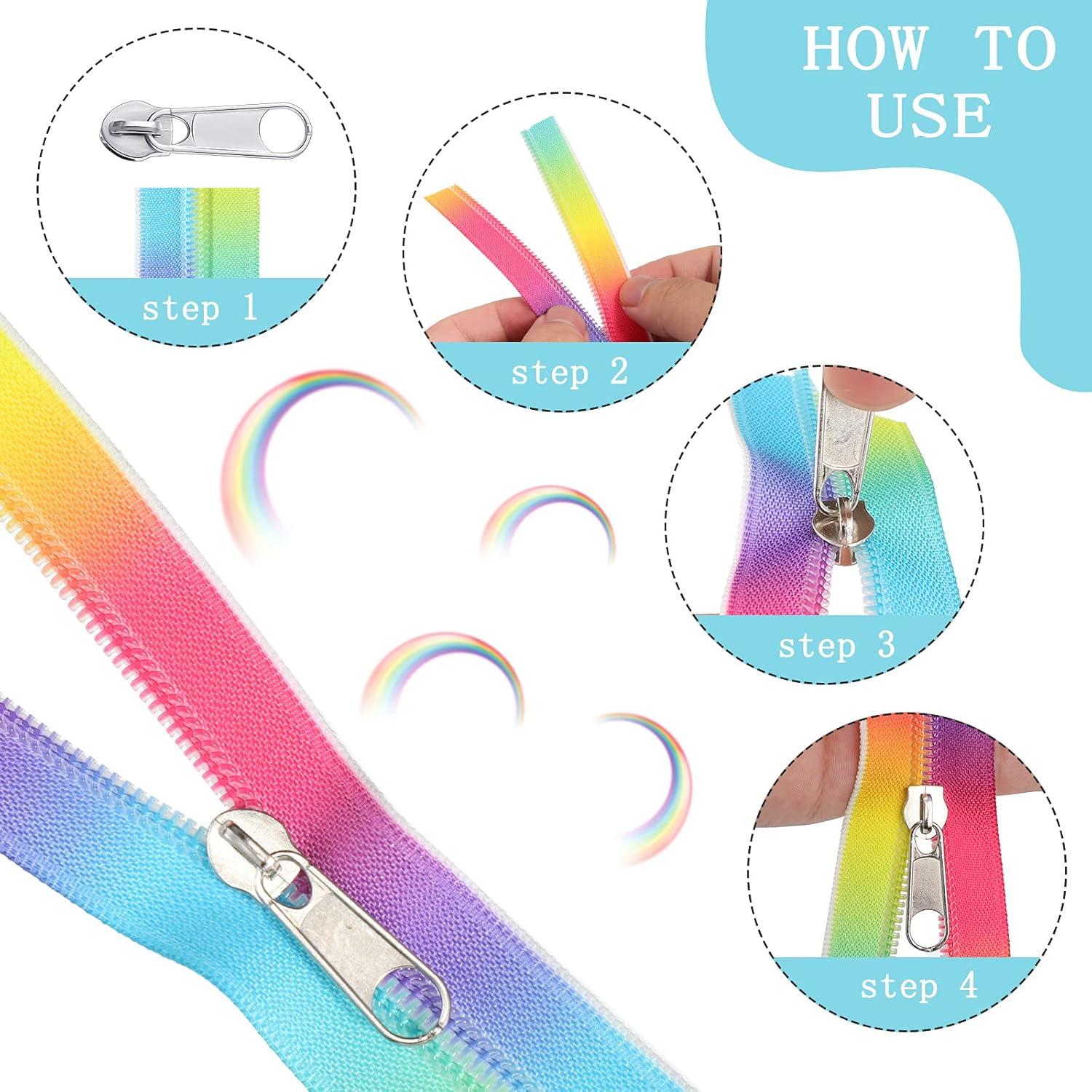 2 Rolls Number 5 10 Yards Nylon Coil Zippers and 20 Pieces Silver Zipper Pulls Rainbow Color Coil Zipper by The Yard Long Zippers Metal Zipper Sliders Zipper Pull Replacement for Tailor Sewing Crafts