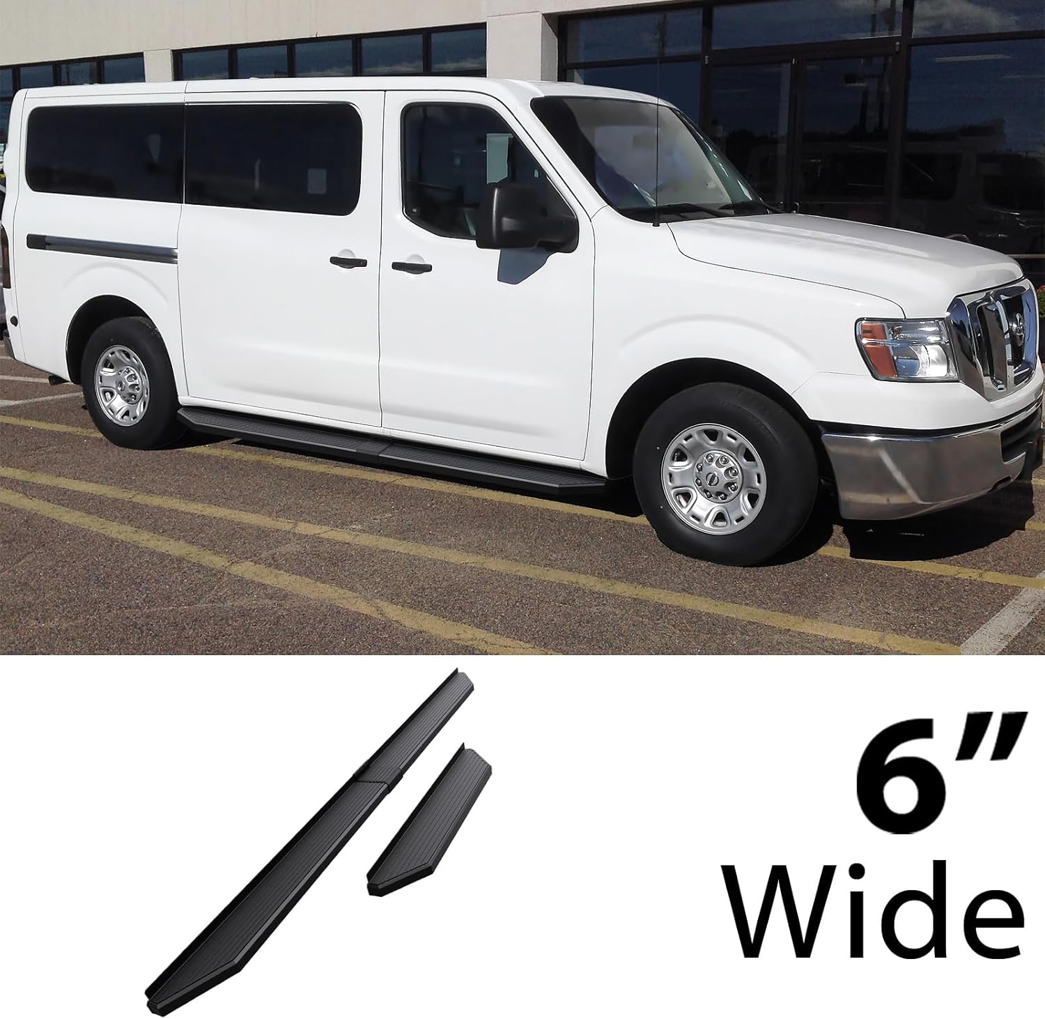HD Ridez Flat Style Board 6" Black Compatible with Nissan NV 1500 2500 3500 2012-2021 Full Size Van 3-Door (Side Steps Side Bars)