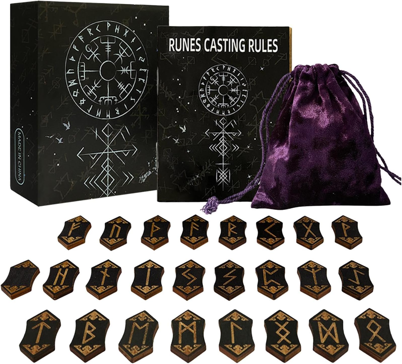 Runes Set - Wooden Carved Rune Stones with Reference Guide and Storage Bag | Meditation Tool for Home School Dorm Camping, or Gifting to Friends Colleagues and Classmates 4.33x3.54in