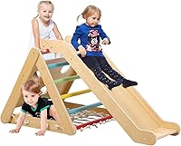 Vista 1 de Gimnasio interior de la selva, juguetes de escalada de madera 2 en 1, trepador triangular de madera de 3 lados con red de escalada, rampa