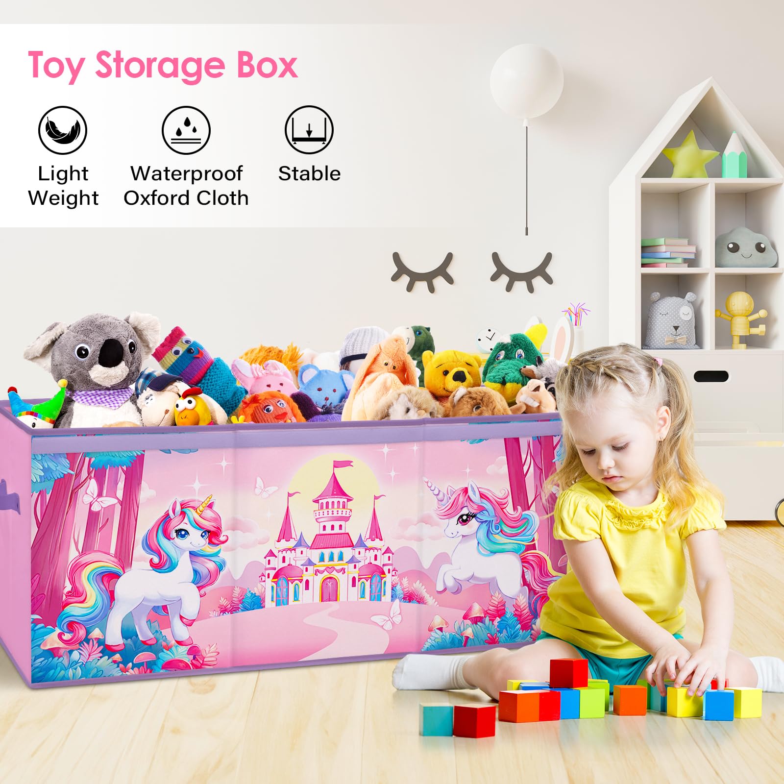 Scatola di Giocattoli Large con Coperchio Ribalta per Bambini, Contenitore Porta Giochi Pieghevole Oxford, Baule Portagiochi Impermeabile Robusto per Ragazze Ragazzi, 96×32×40cm (Unicorno Fantasia)