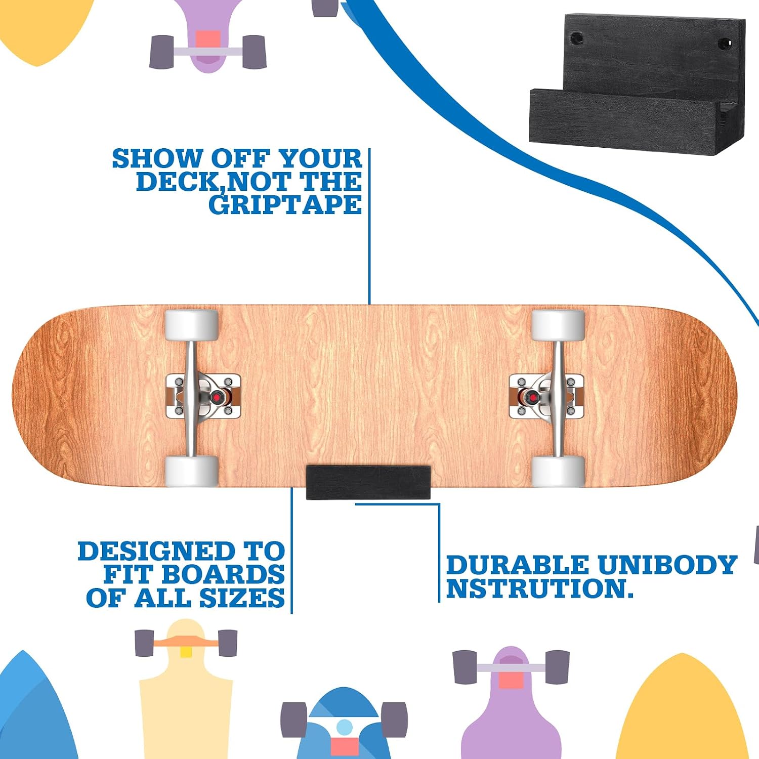 Briwooody 4 Pcs Wooden Wall Mounted Skateboard Rack Horizontal Snowboard Storage Longboard Deck Display Hanger Cruiser Board Holder Surf Skateboard Stand Skateboard Shelf for Garage Store