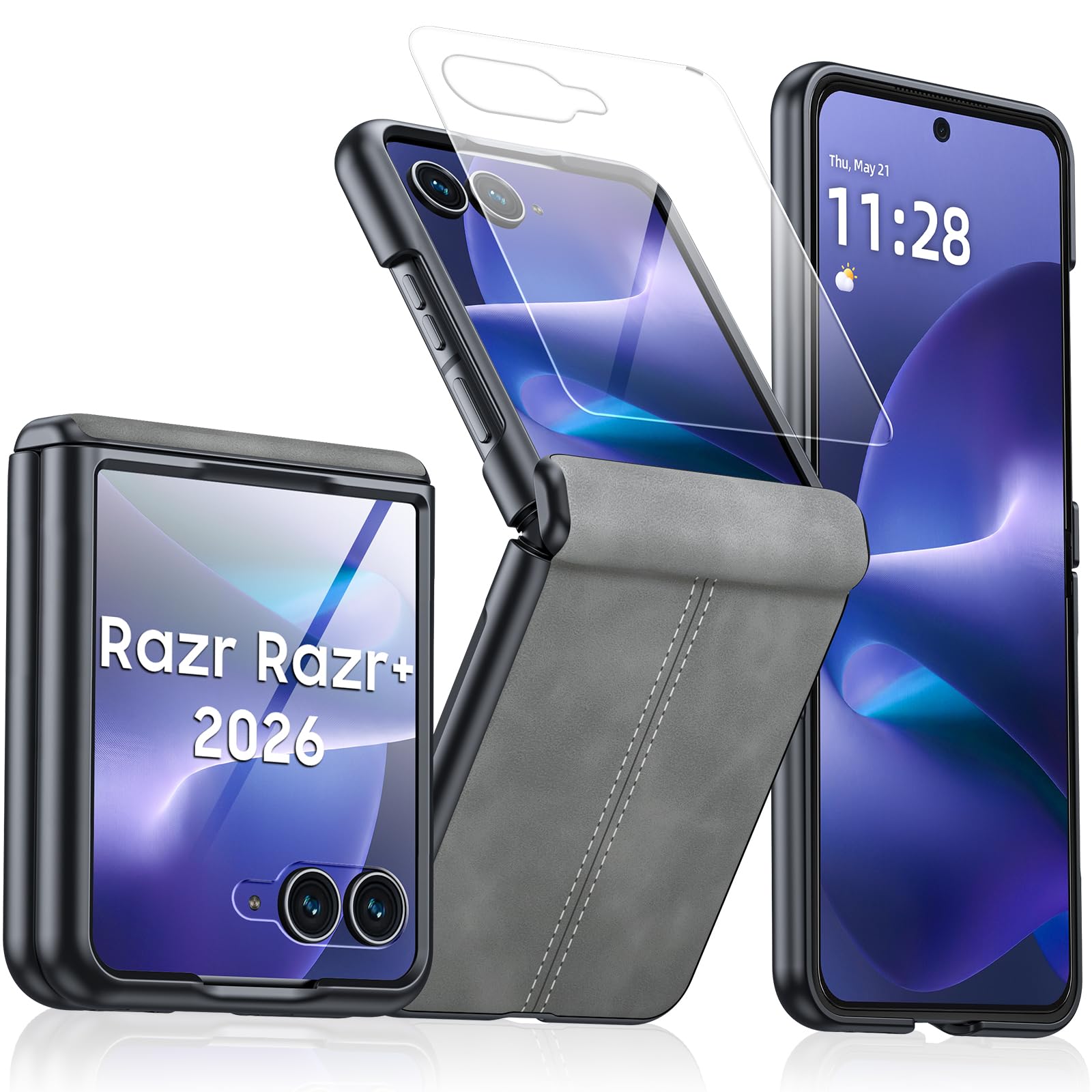 for Motorola Razr+ Plus 2026 Case/Razr+ Plus 2025 Case with Hinge Protection &amp; Built-in Outer Screen Protector, PU Leather Matte PC Shockproof Cover, Ultra Slim Case for Razr+ 2026/2025-Gray