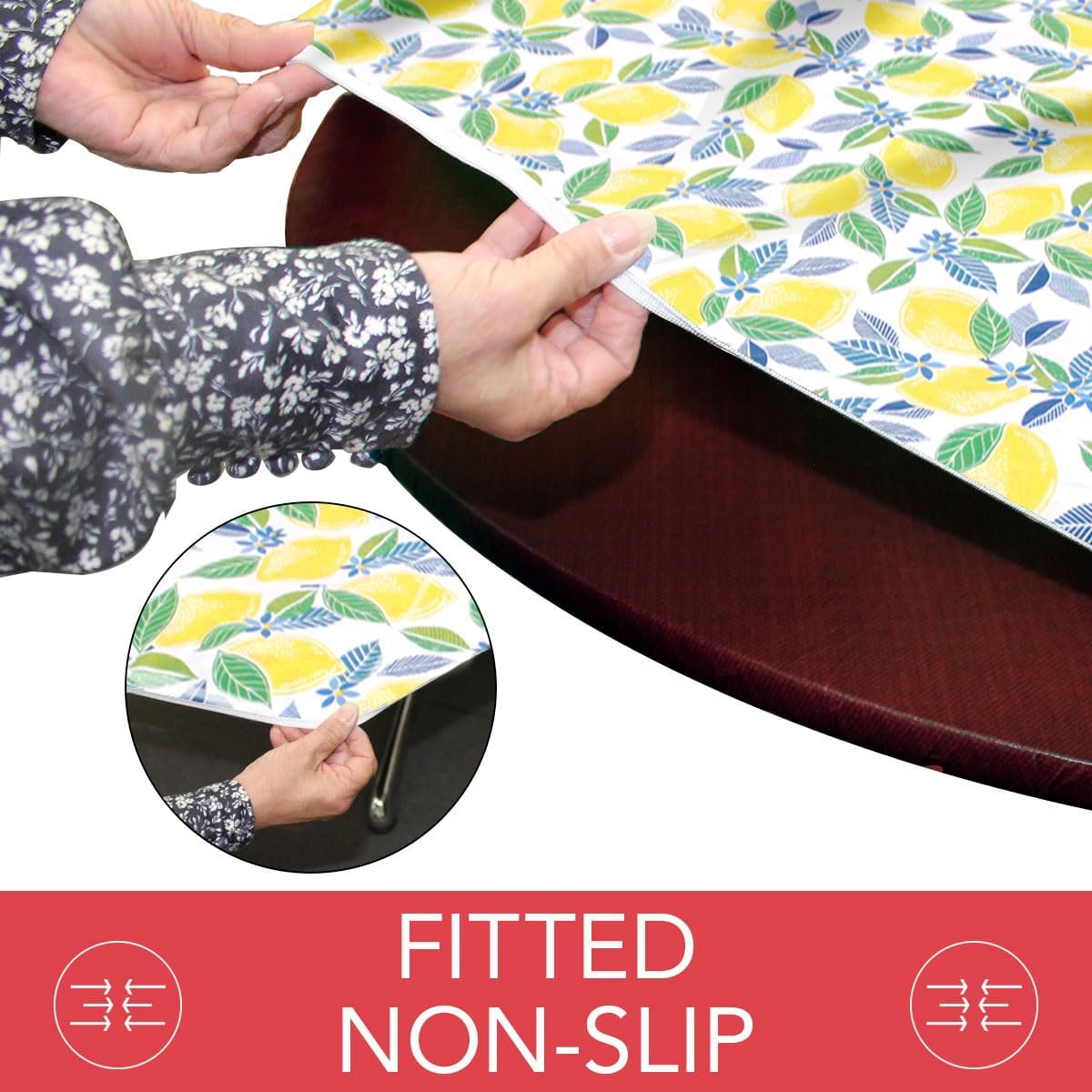 Covers For The Home Deluxe Elastic Edged Flannel Backed Vinyl Fitted Table Cover - Contemporary Lemon Pattern - Large Round Oblong Oval - Fits Tables up to 45" - 56" Diameter image 4