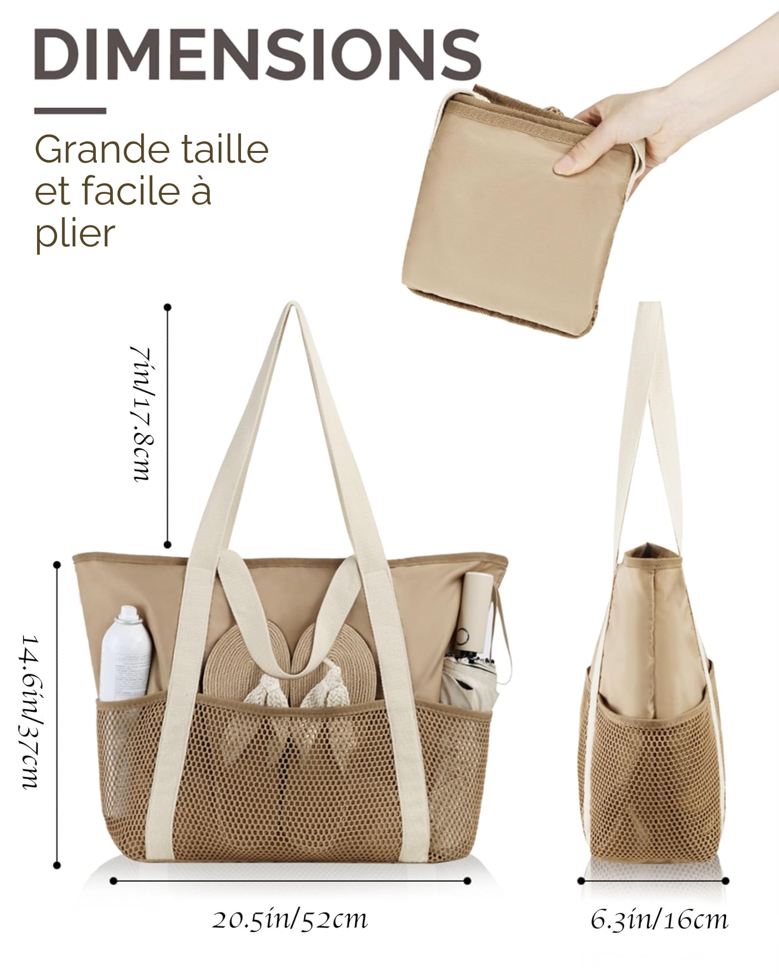 HOMESPON Sac de Plage Imperméable pour Femme Homme Famille Grand Sac Cabas avec Poches Multiples et Fermeture Éclair Idéal pour Plage Piscine Voyage Sport Shopping