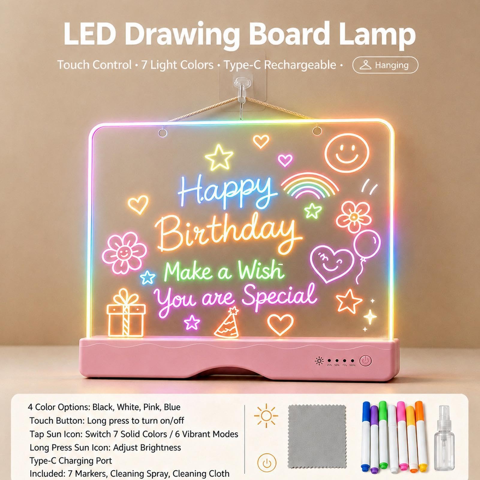Pizarra de Dibujo Luminosa Tableta de Escritura Recargable con Rotuladores | Panel LED con 13 efectos Para Niños Y Niñas, Escuela, Aula, Hogar, Viaje, Coche Y Avión