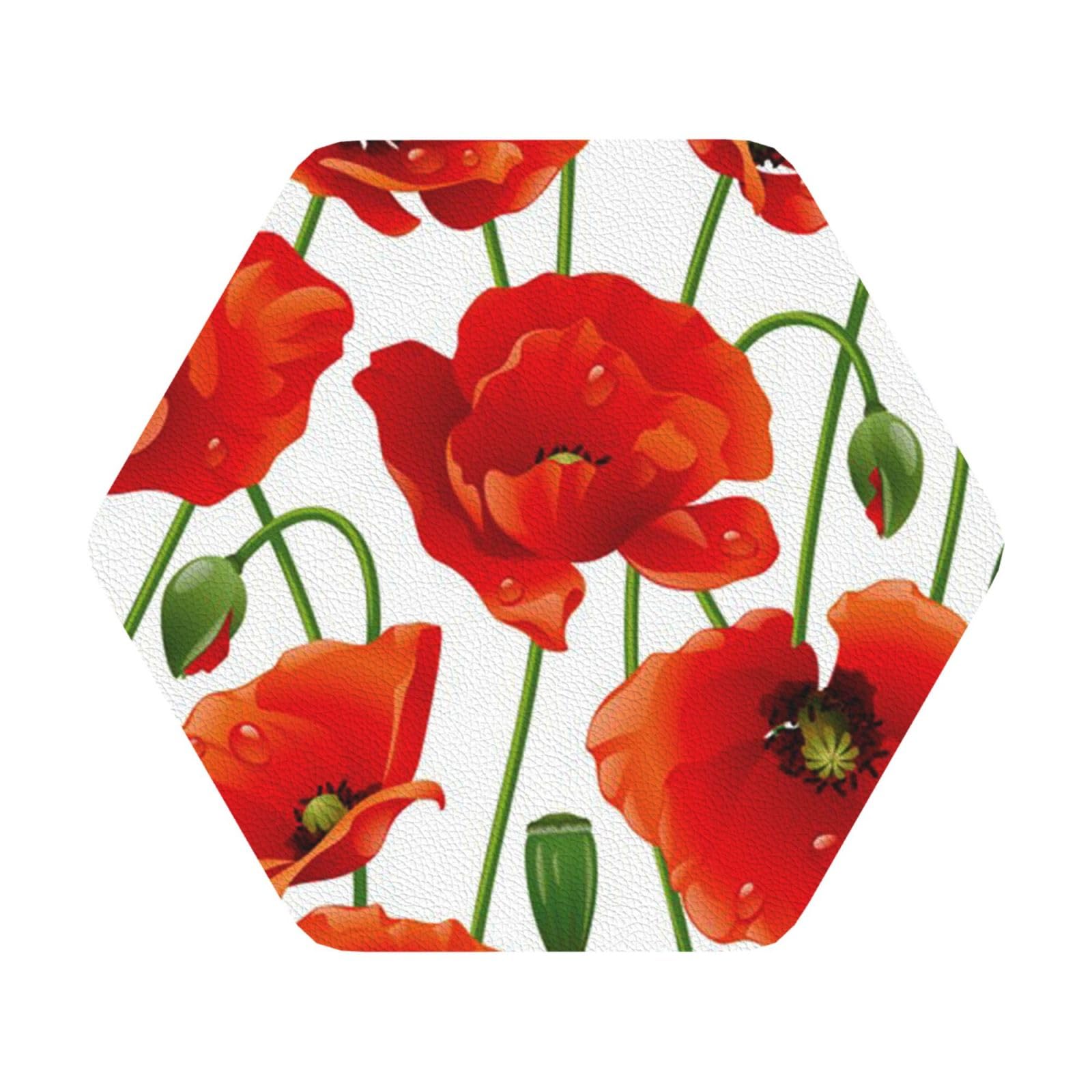 flower PU Leather Coasters Set of 6 Hexagon Drink Coasters