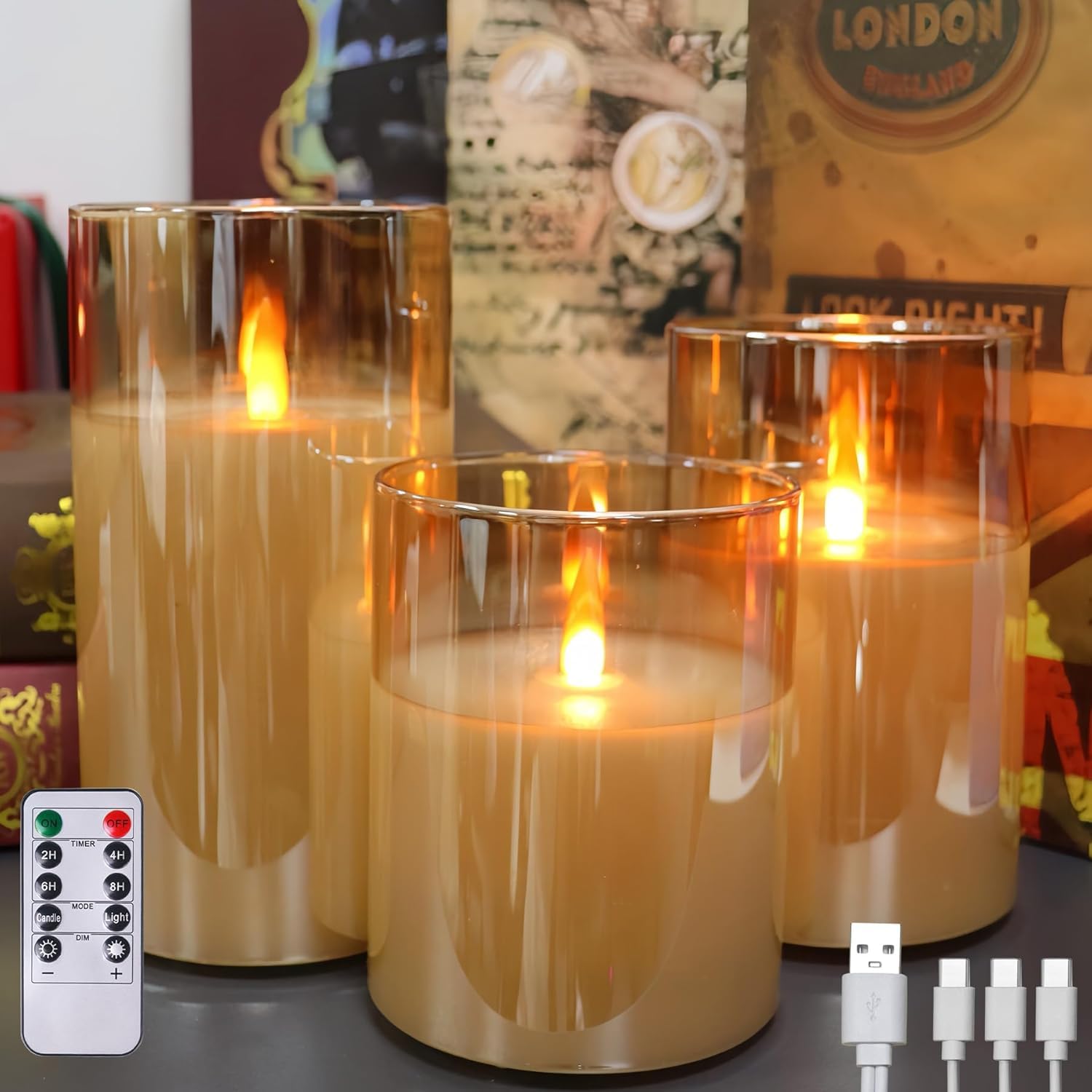 Bougies LED sans flamme télécommandées, rechargeables, bougies piliers en verre avec télécommande et fonction minuterie, flamme saute pour fêtes, mariages (autonomie 200 h) (Or)