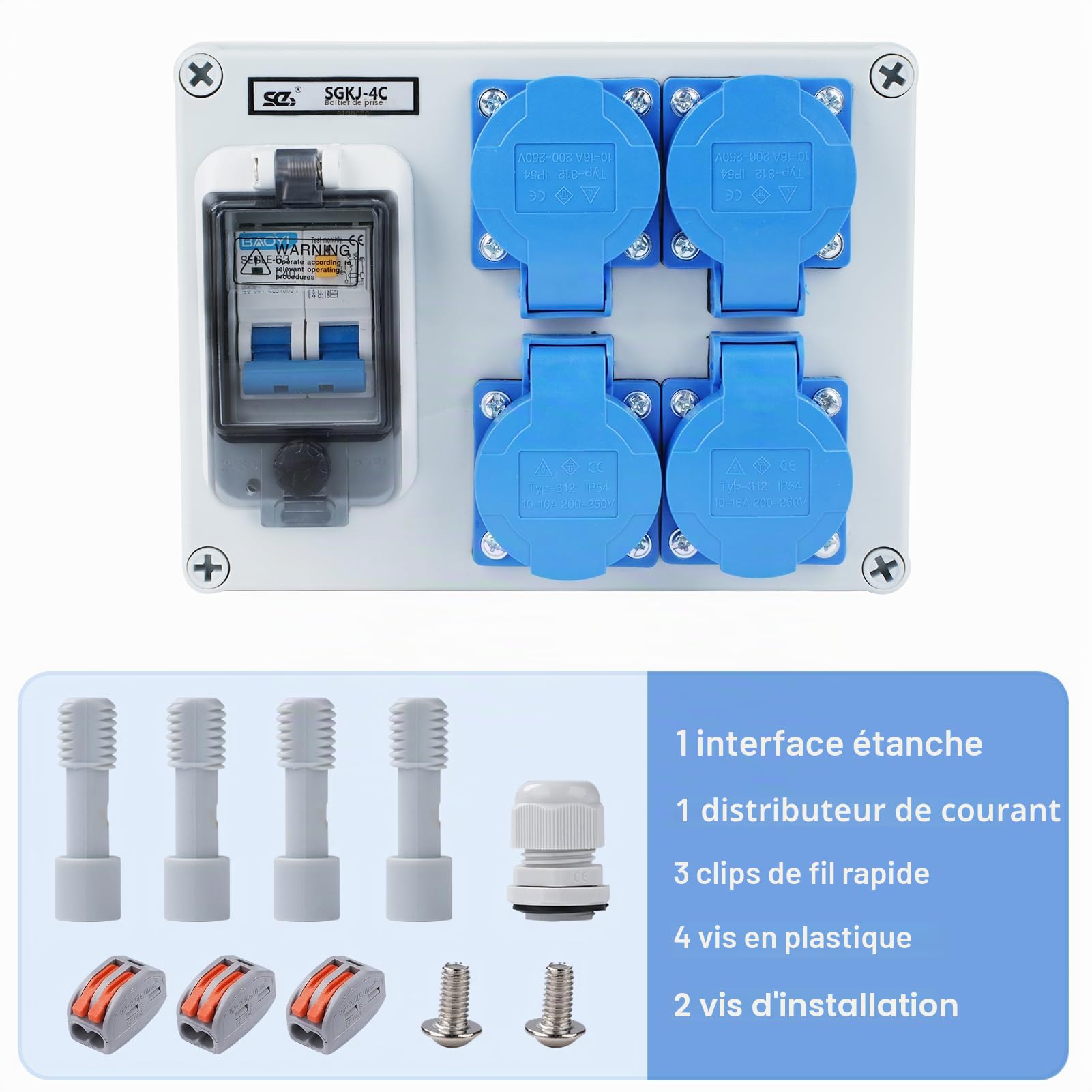Répartiteur de courant de construction 16A Distributeur de courant fort Distributeur mural avec interrupteur 63A 1P+N Répartiteur de courant 16A avec 4 prises (250V 2 pôles) IP54 étanche.