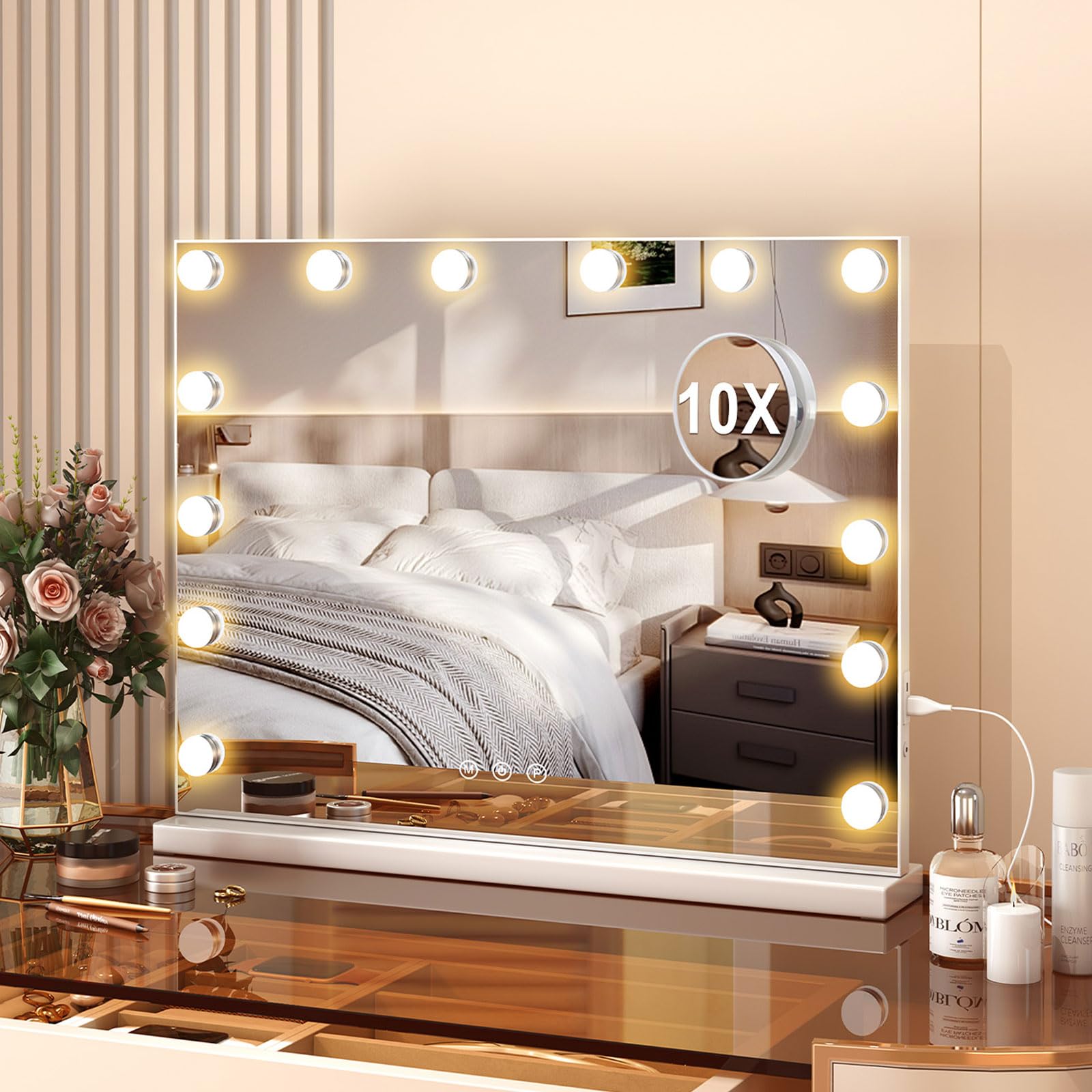 Aovquof Makeup Mirror with Light, 50 x 40 cm, Large Vanity Mirror with Wall Light with 17 LED Lights, 3 Lighting Modes, with USB and 10x Magnification, Mirror with Light for Makeup – White