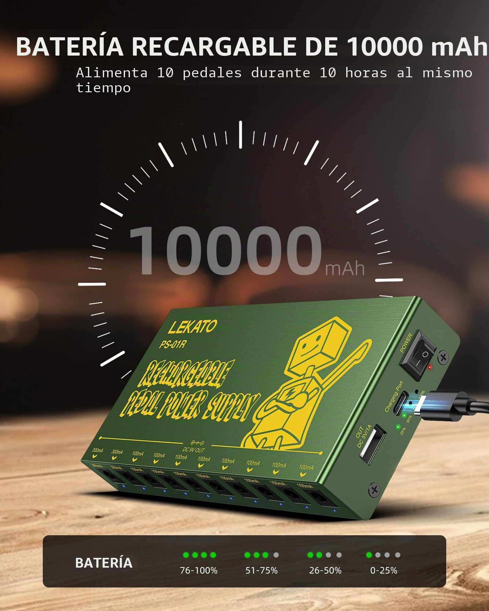 Fuente de alimentación recargable LEKATO para pedal de guitarra, batería integrada de 10000mAh, 10 salidas CC aisladas de 9V, fuente de alimentación para efectos con protección contra cortocircuitos