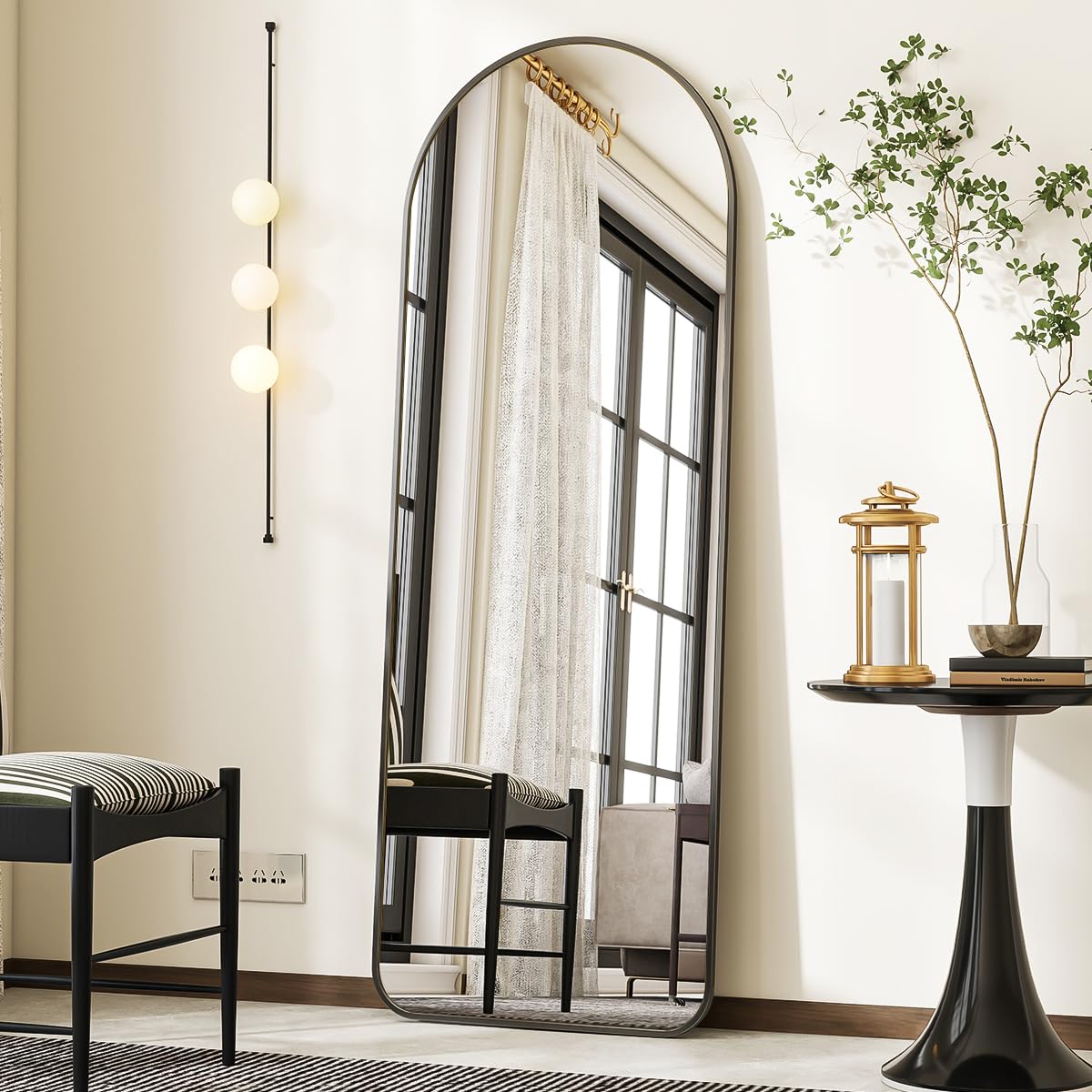 Koonmi Espejo de pie de cuerpo entero, con esquinas redondeadas, 53 x 163 cm, espejo de suelo grande inclinado, espejo libre de vestidor para salón, color negro