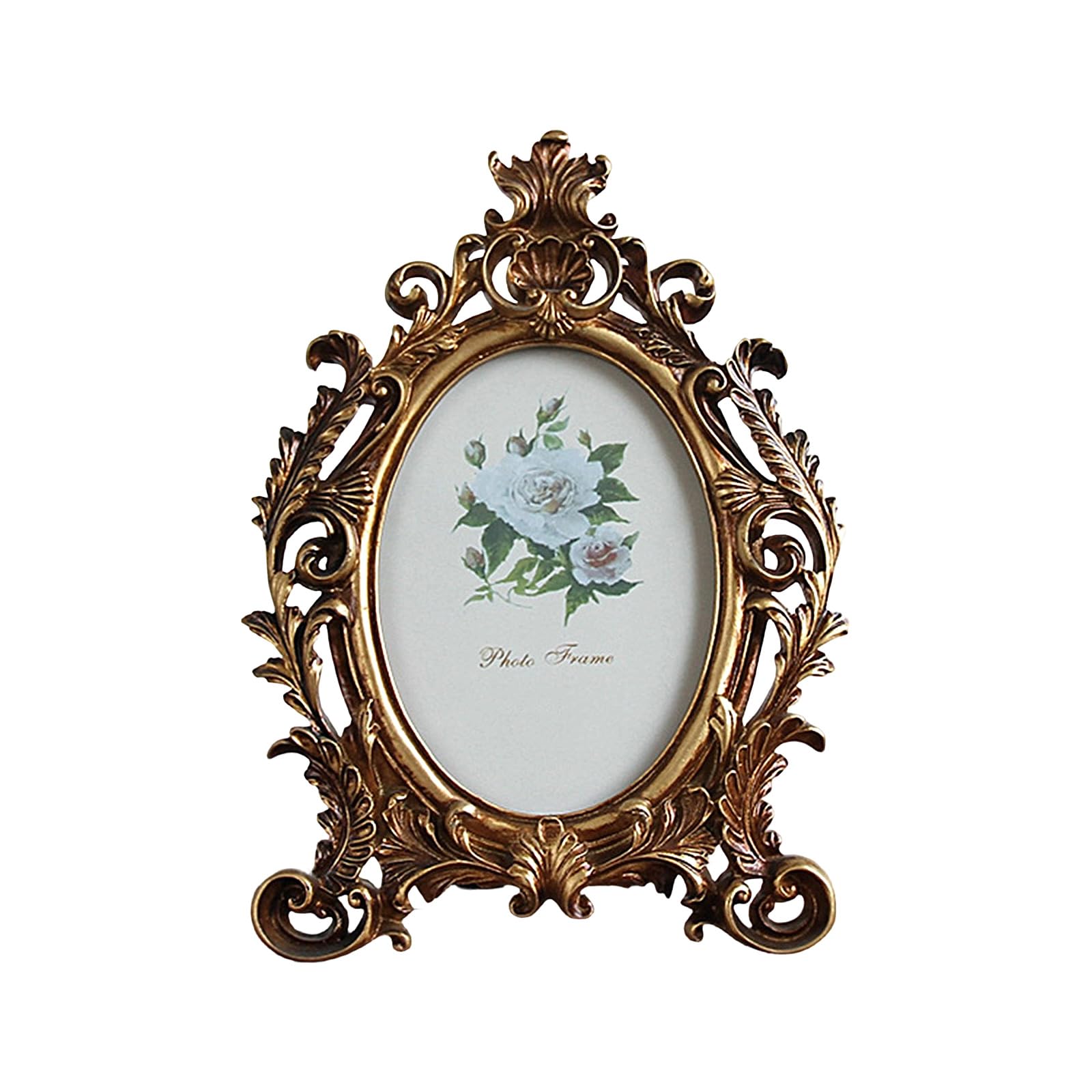 JAMIEKA Elegant Oval Antique Resin Photo Frame Golden Flowers Desktop Picture Frame for Classical Home Decors and Display