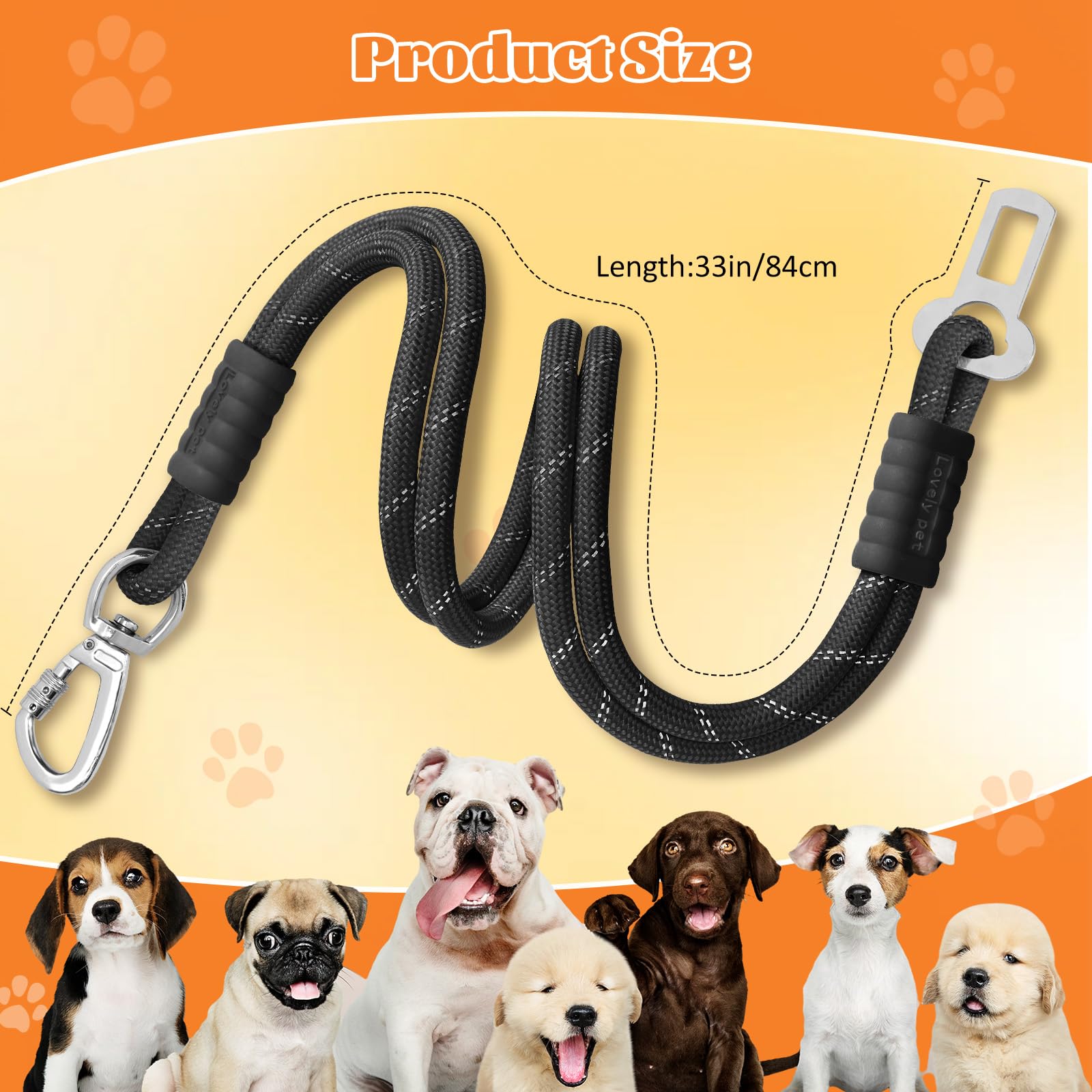 Pawaboo Dog Seatbelt for Car, Reflective Rope Dog Dog Car Seat Belt Bungee, Pet Tether Safety Restraint with Heavy Duty Buckle, Dogs Cars Harness Leash with 360&deg; Lockable Buckle, Black - image 5