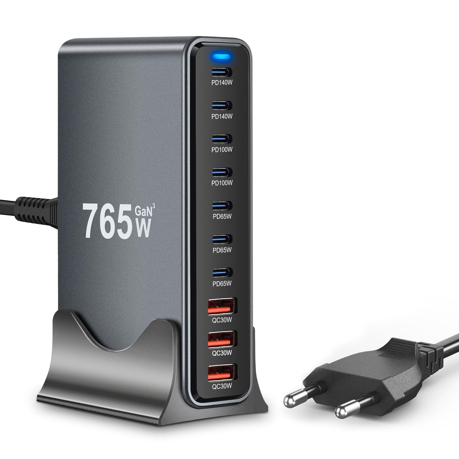 Caricatore USB C da 765 W, max. PD140 W, 10 porte, caricatore rapido, Gan 3, con 7 porte USB C + 3 porte USB A per MacBook Air, iPad, Phone 17/16/15 Pro Max 14, Galaxy S22 S20