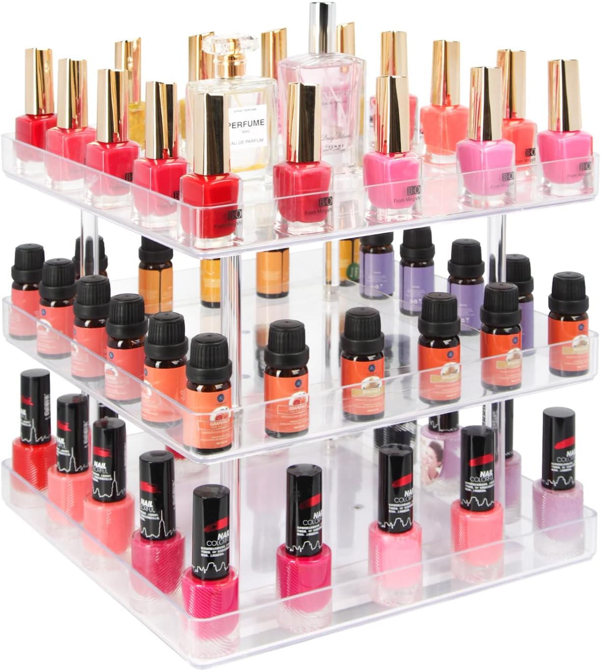 JACKCUBE Design 3 Tier Clear Nail Polish 360 Rotating Display Rack Organizer Stand Makeup Cosmetics Storage Box Carousel Shelf with Acrylic Guard(3tier) - :MK387-3