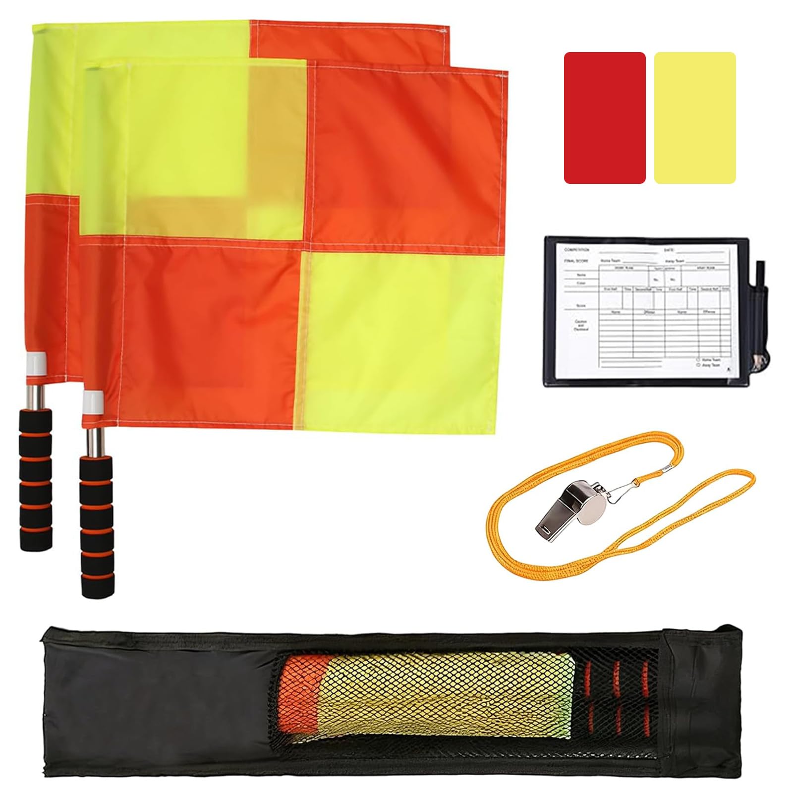 Funvalley Surperfect Soccer Referee Kit 2 Pcs Checkered Linesman Soccere Flags, Red Yellow Ref Cards with Notebook and Pencil,Coach Stainless Steel Whistles with Storage Bag