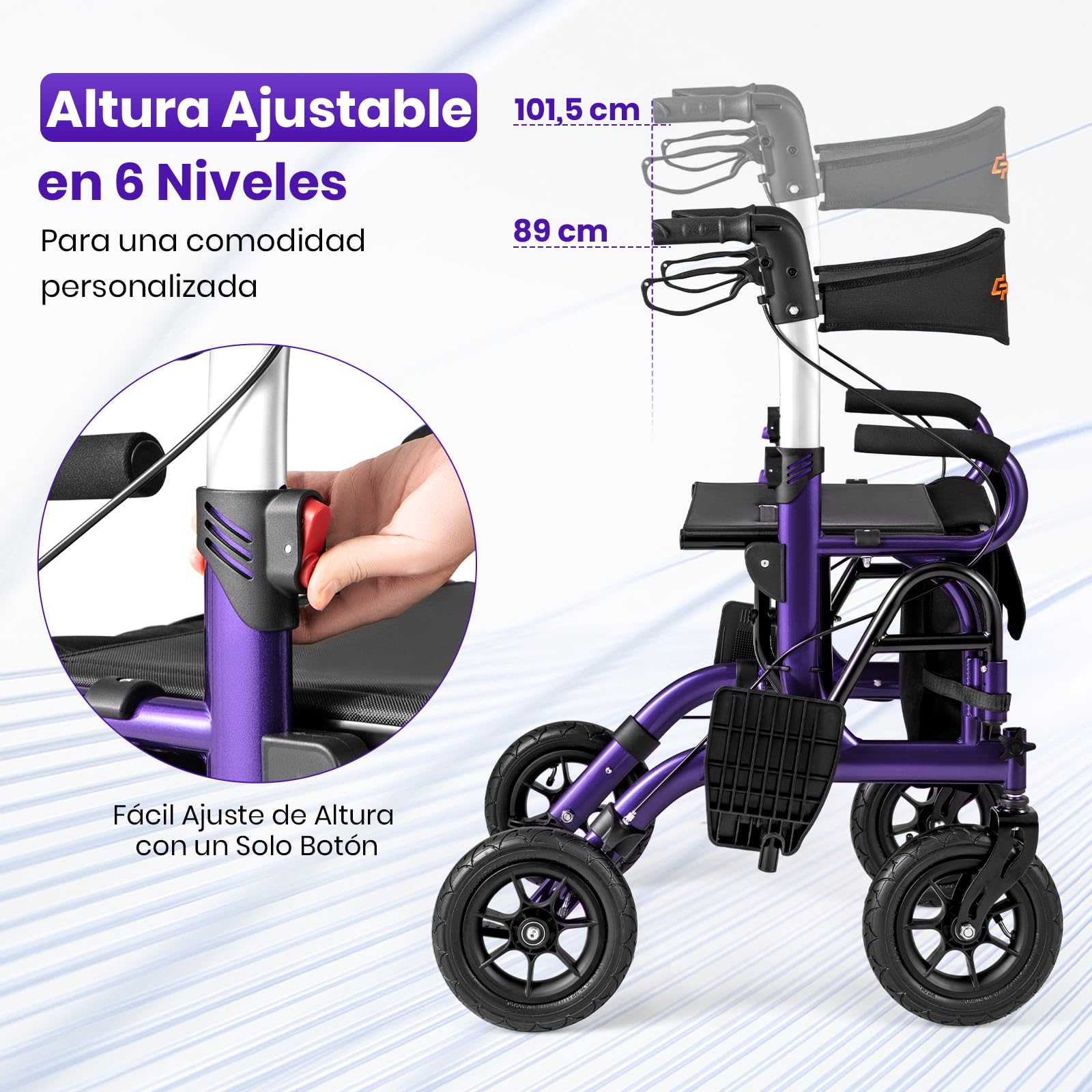 GOPLUS 2 en 1 Andador para Ancianos, Silla con Ruedas de Aluminio Ligero, Alturas Ajustables, Neumáticos para Todo Terreno, Caminadores para Mayores/Discapacitadas (Violeta)