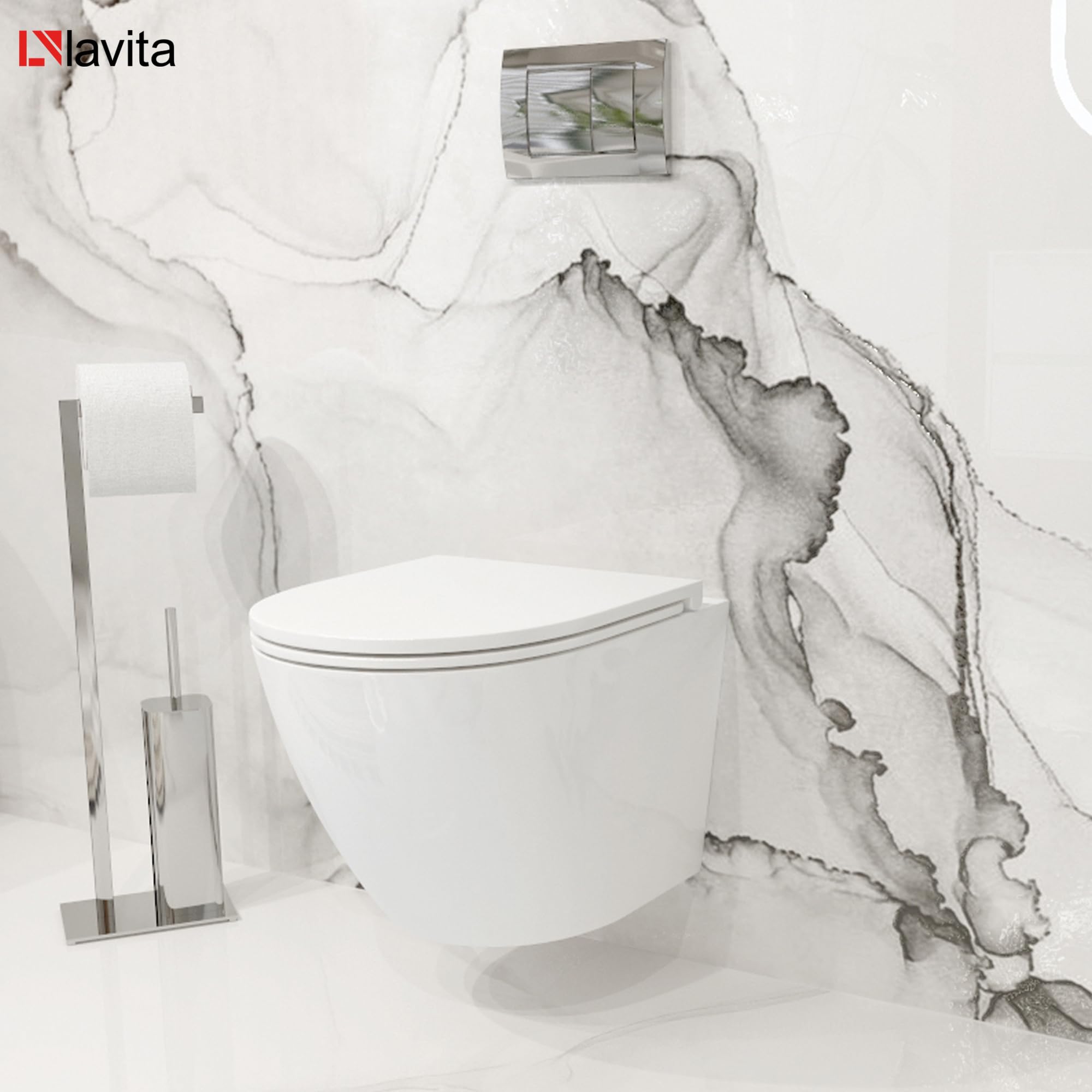 LAVITA Inodoro de pared Sofi One, Inodoro Suspendido | Tapa de inodoro con descenso automático y bisagras de metal | inodoros sin borde colgante | 365 x 490 x 400 mm | blanco brillante
