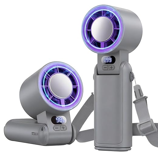 Portable Handheld Turbo Fan, 1-199 Speed Adjustable with LED Display, High-Power Motor, Rechargeable Battery, 4 IN 1 Pocket Design Mini Fans for Indoor/Outdoor/Travel/Work, Grey Purple