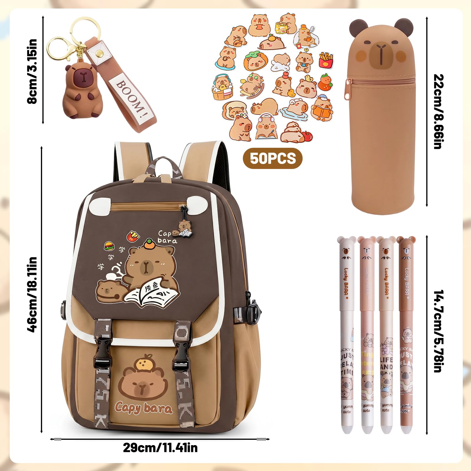 Mochila Infantil Capybara con Estuche y Bolígrafos Borrables, Marrón 1