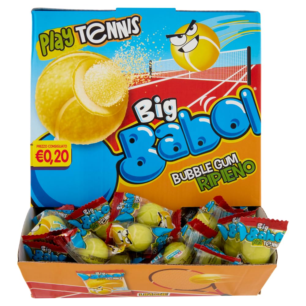 Big Babol Play Tennis, Chewing Gum morbido, Gusto Limone, senza Glutine, Confezione da 200 Gomme da Masticare Monoporzione, Incartate Singolarmente da Condividere, per Feste e Compleanni Bambini