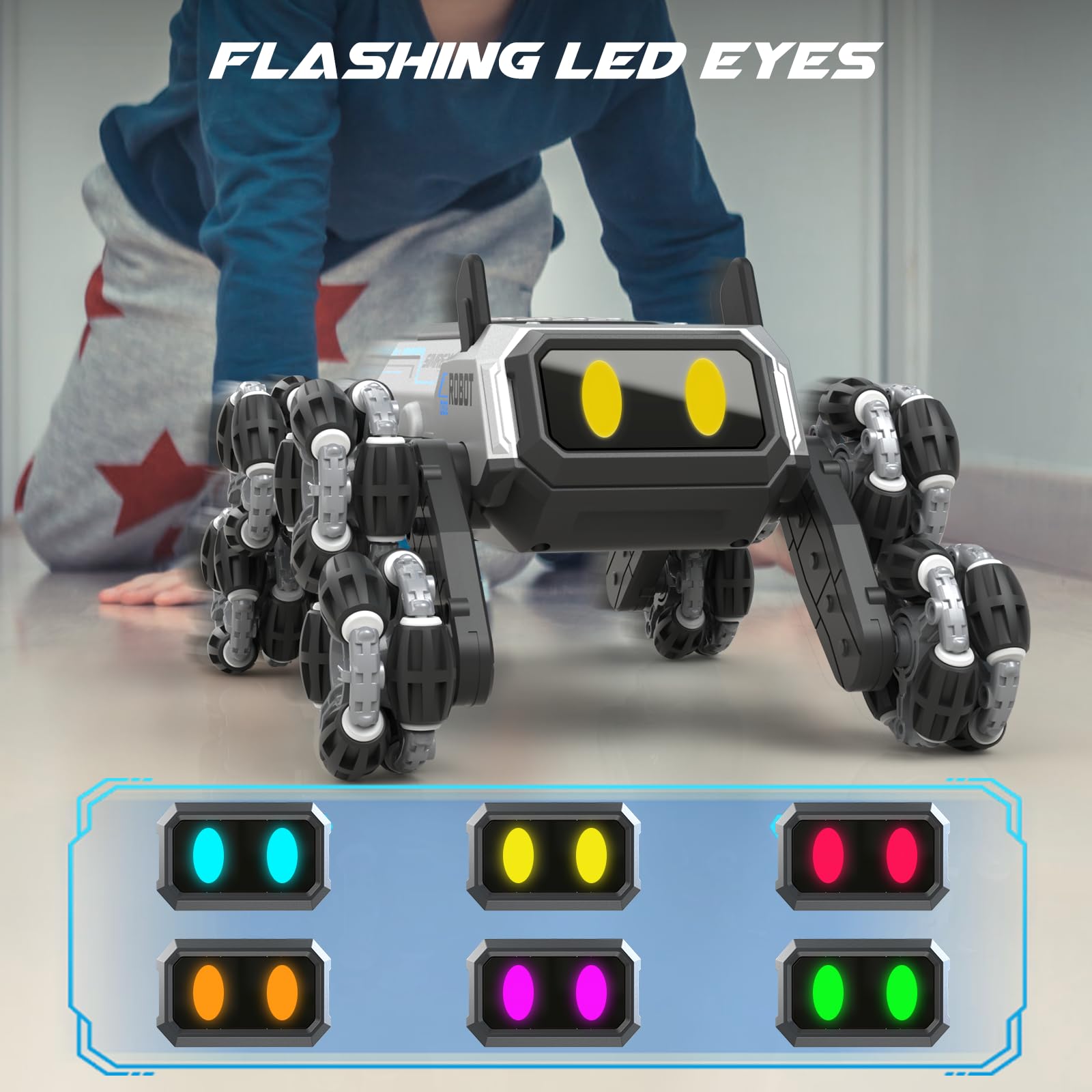SIMREX Remote Control Robot Dog Toys for Kids 6+, Stunt RC Cars with LED Eyes & Gesture Control, 6+ Years Old Boys Girls Birthday Gift, Interactive Robot Toy with Mecanum Wheels & 3 Sounds, Sliver